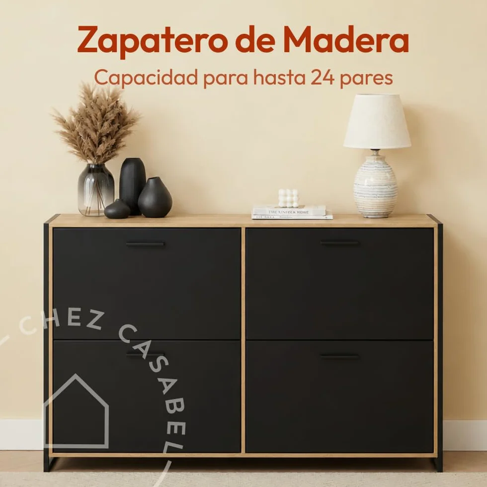 CASABEL Zapatero 4 Abatibles, Mueble Zapatero Entrada Negro & Madera, Diseño Moderno, Gran Capacidad 24 Pares, Mueble de Almacenaje para Pasillo, Entrada, Salón, L114xF24xH83 cm