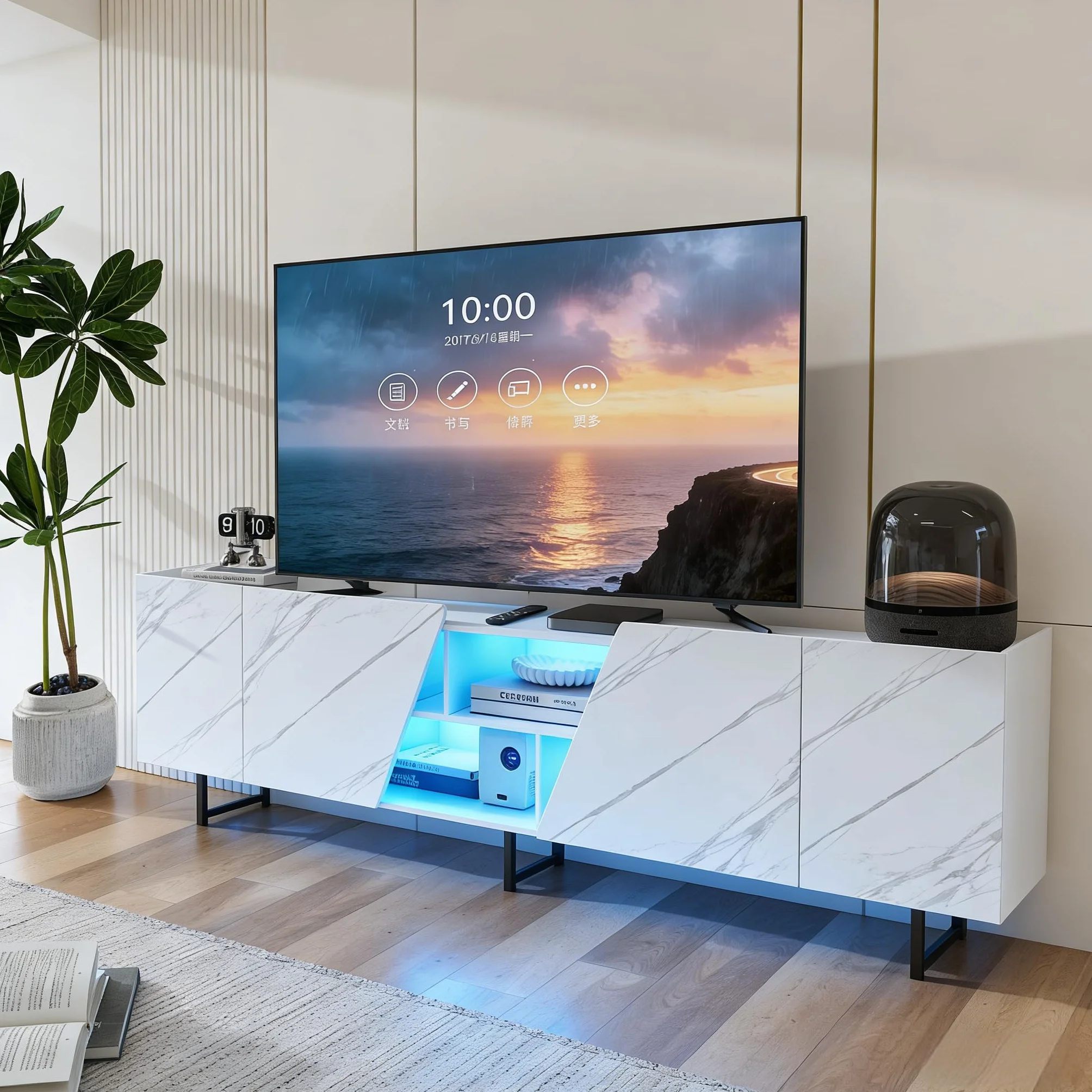 BRILVERDE Mueble de TV con iluminación LED de mármol blanco brillante, 220 cm, mueble bajo para TV con puerta, espacio de almacenamiento y aparadores, para salón (blanco, 220 cm)