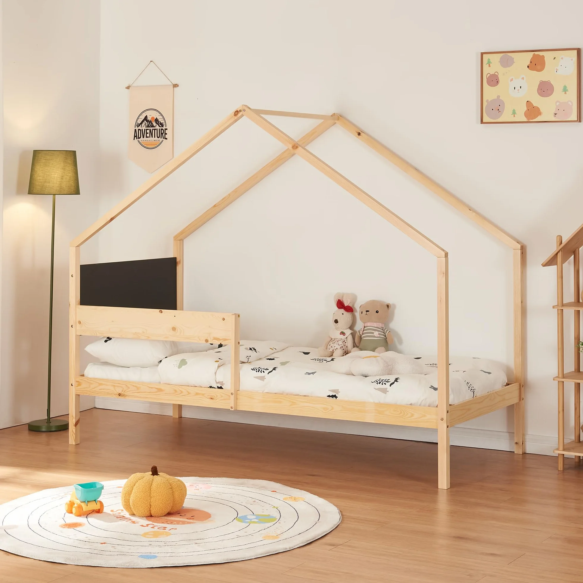 [en.casa] Cama Nido para Niños Niñas Estilo Montessori Cama Infantil con Cajón/Cama Extraíble Barandilla y Somier Forma de Casa máx. 100 kg/Cama Madera de Pino 90 x 200 cm - Natural/Negro