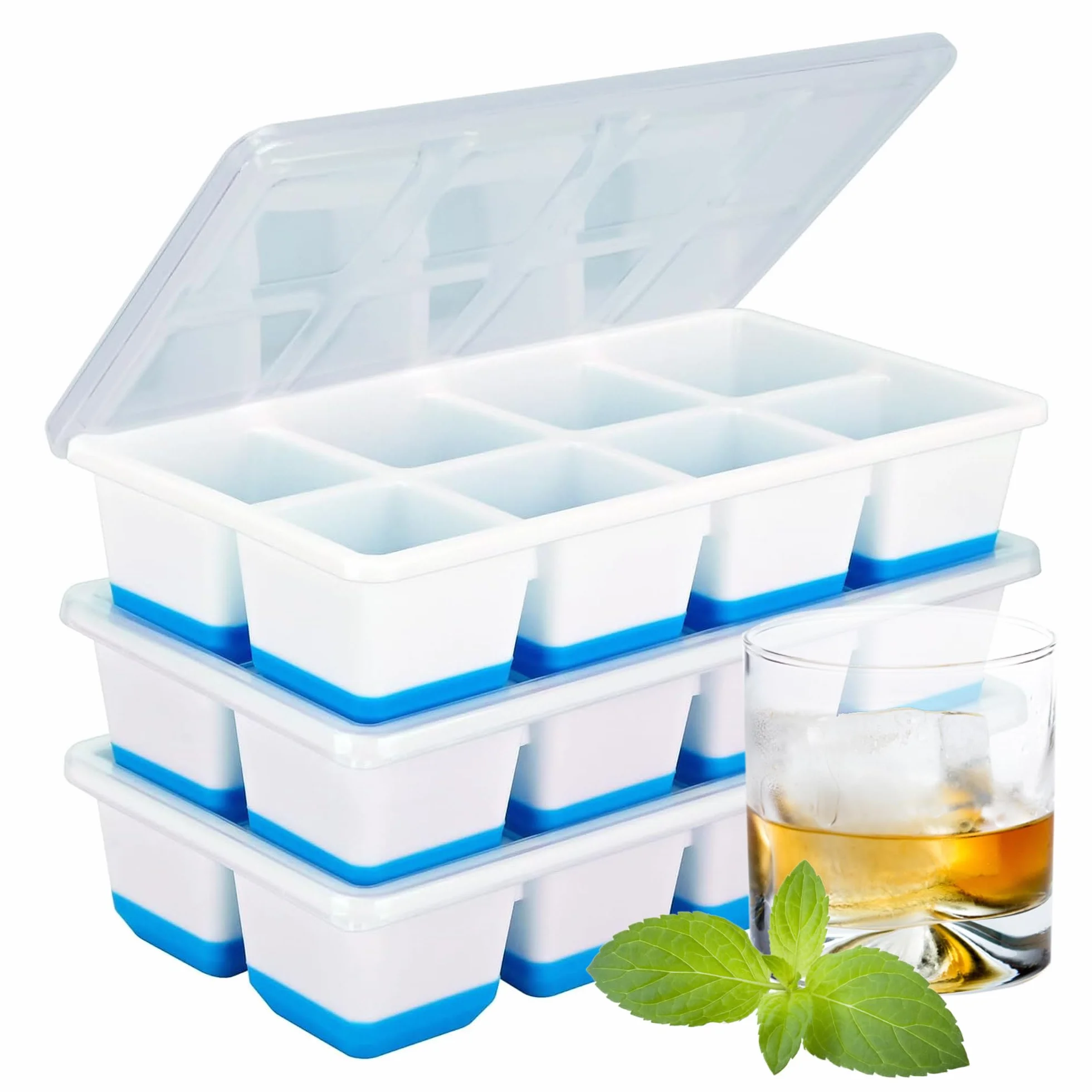Cubitera de silicona con tapa, moldes cuadrados grandes para helados de whisky, Pack de 3 bandejas sin BPA