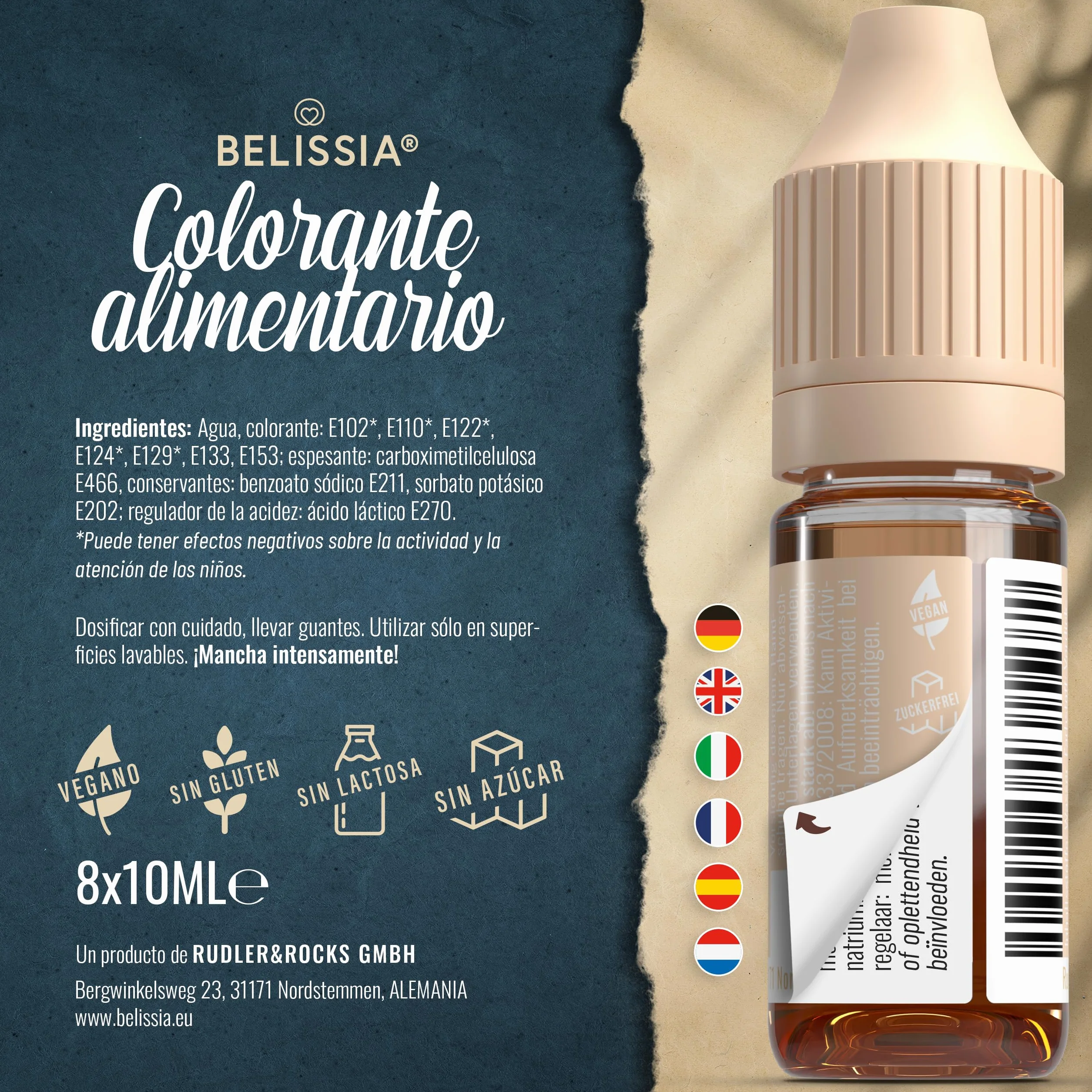 Belissia Colorante Alimentario Set 8x10ml Líquido Concentrado para Hornear, Cocinar, Fondant y Manualidades