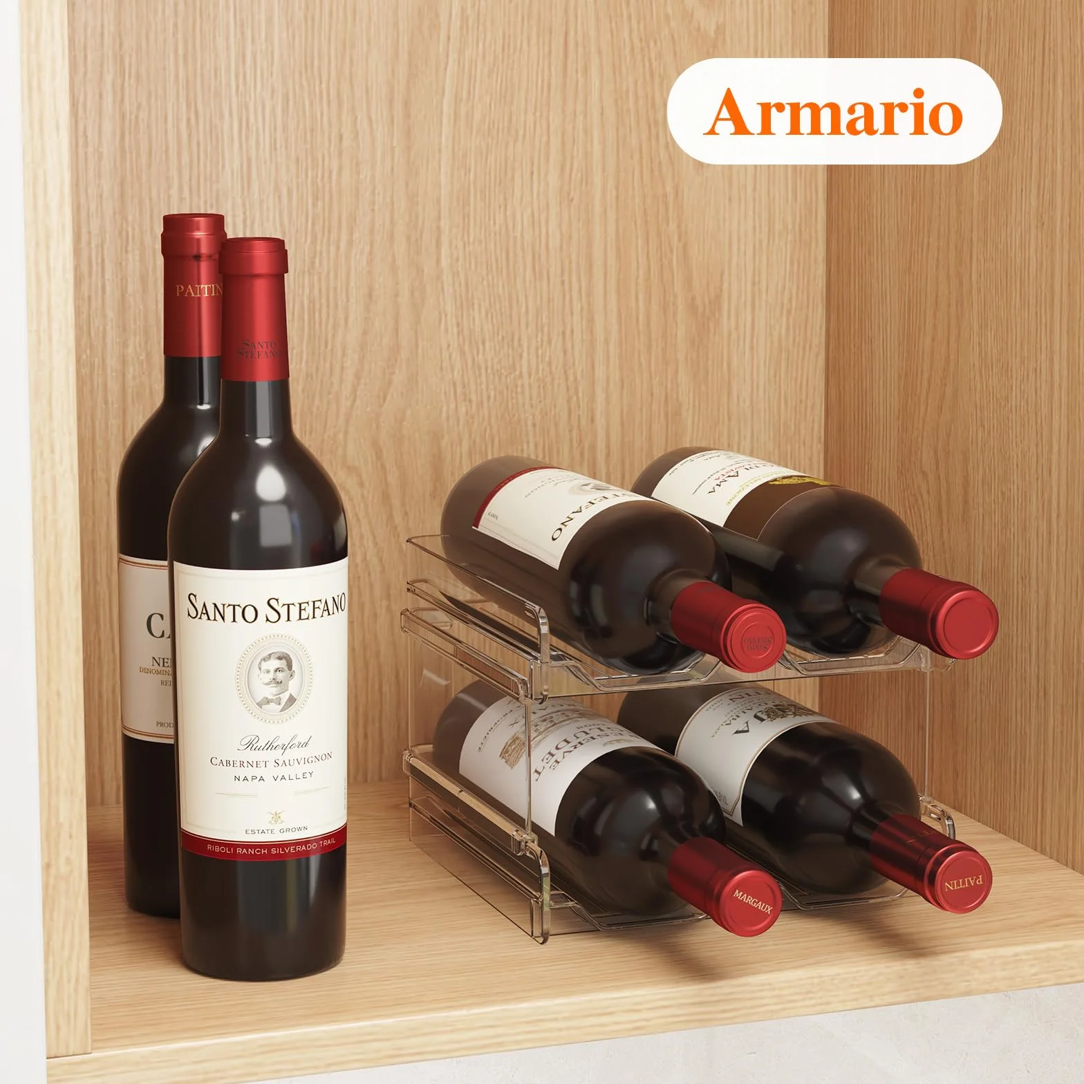 Lifewit Botellero apilable de plástico para Nevera, Armario, encimera, Soporte para Botellas de Vino, Organizador de Botellas de Agua para Nevera, despensa, Capacidad para 4 Botellas,Transparente