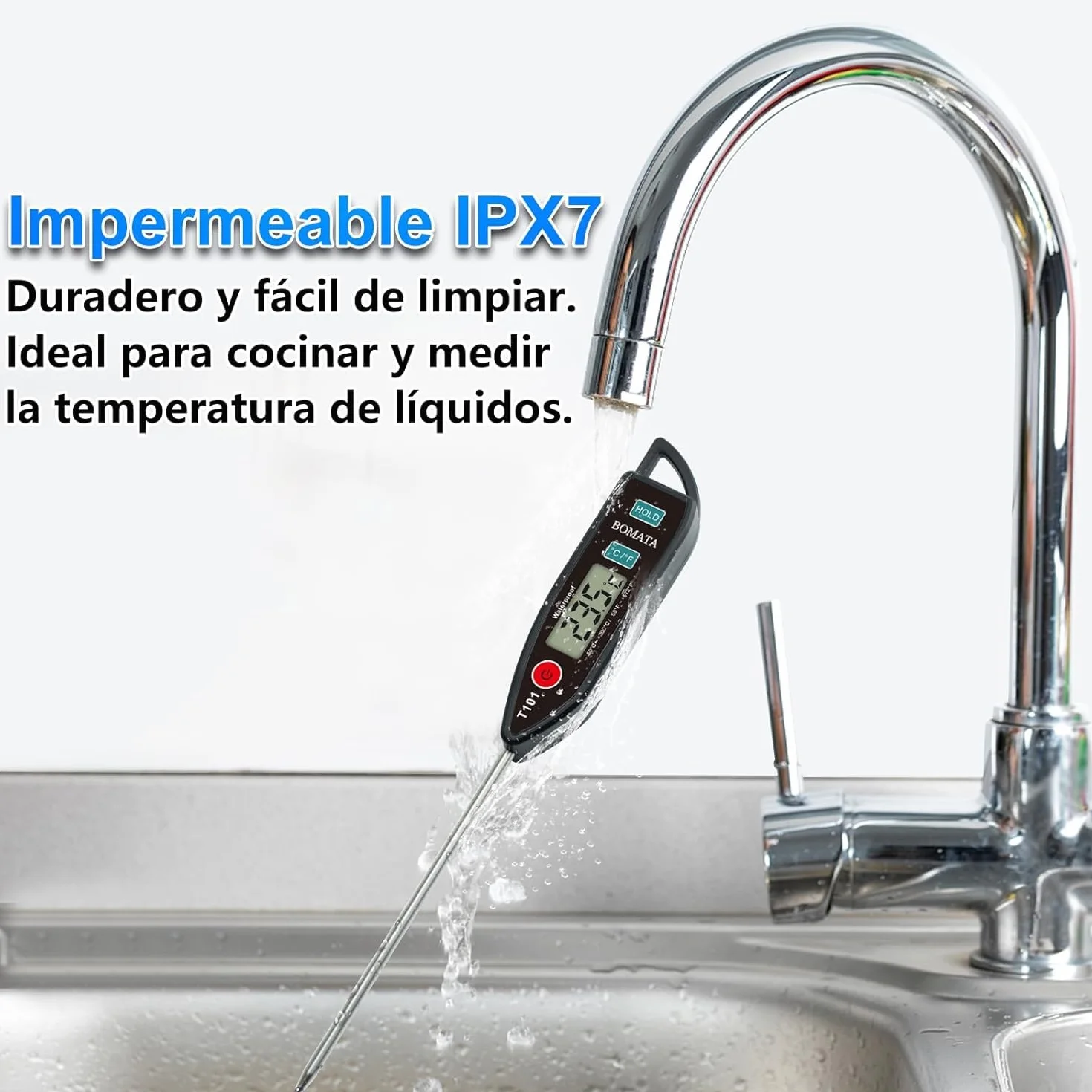 BOMATA Termómetro impermeable IPX7, agua, líquidos, velas y cocina. Termómetro de lectura instantánea para alimentos, con sonda larga, para cocinar, carnes y barbacoas.T101 Negro