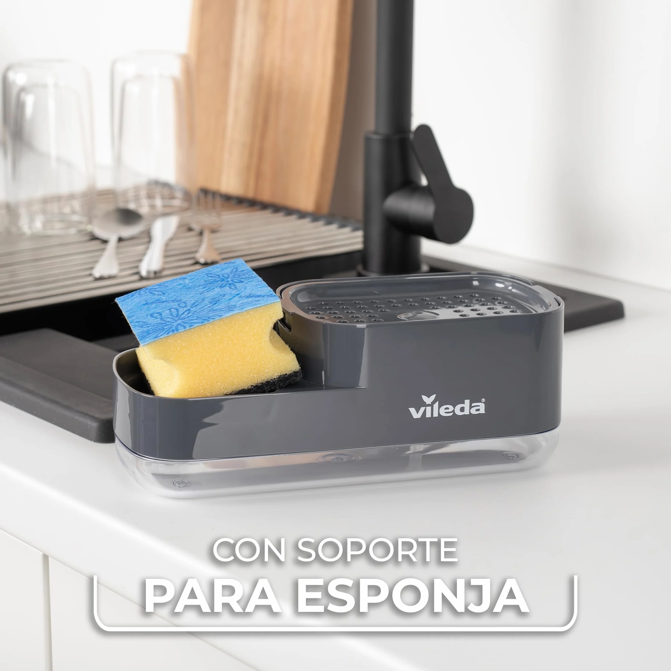 Vileda Dispensador de jabón para lavavajillas Pump con Soporte para Esponja. Práctica solución 2 en 1 para la Cocina. Dispensador de jabón Integrado para una fácil dosificación con una Sola Mano