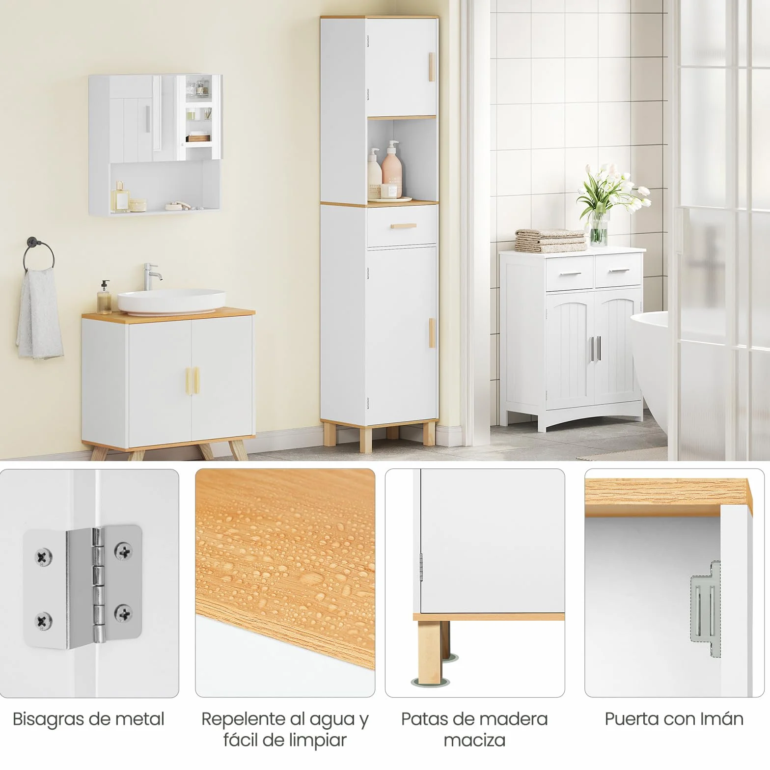 EUGAD Armario Baño Alto, Armario Columna de Almacenamiento, Mueble Baño Blanco con 2 Puertas, 4 Compartimentos Interiores, 1 Compartimento Abierto y 1 Cajón, MDF, 39x30x179 cm