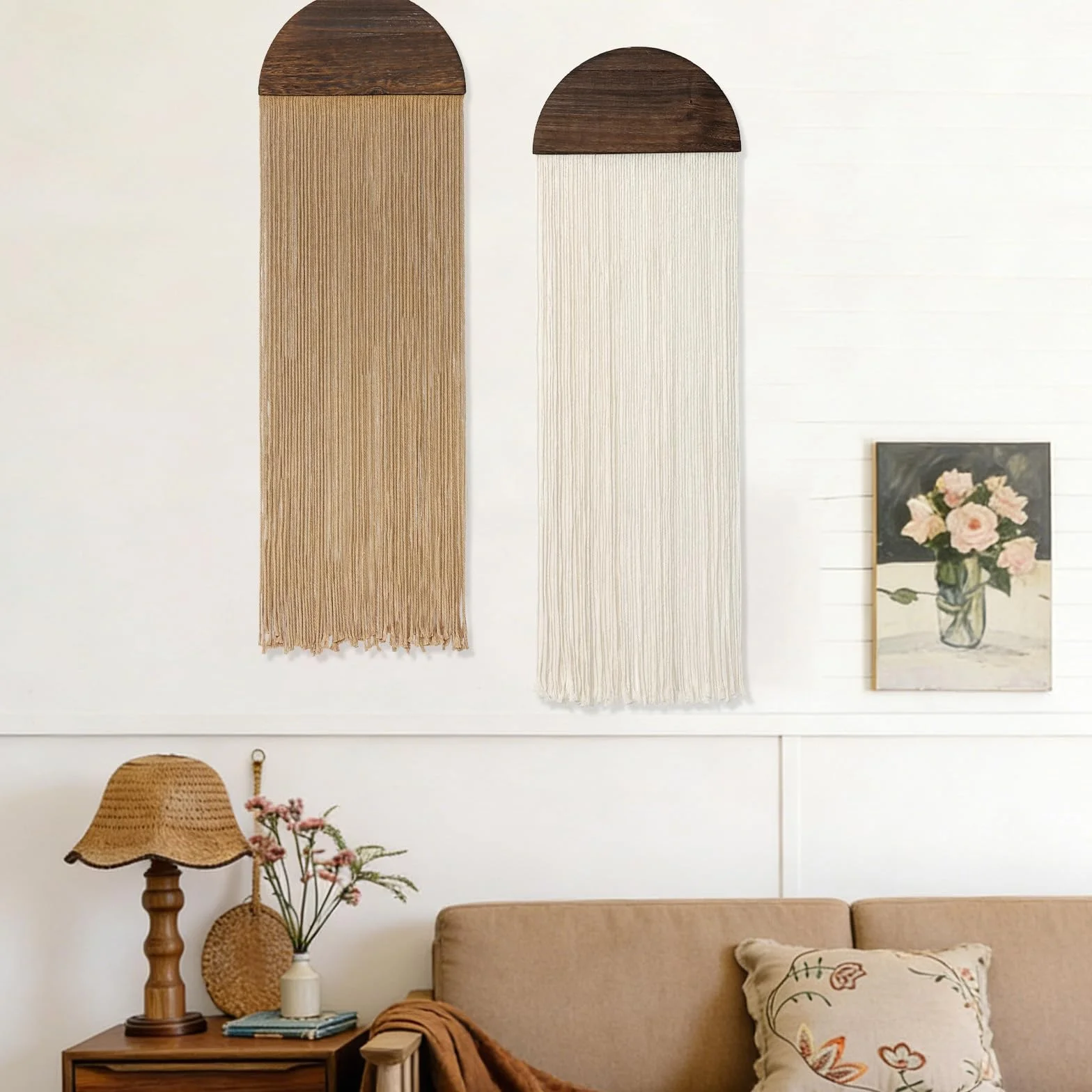 Betylifoy 2 Piezas Tapiz Decorativo Pared Tapices de Pared Verde Semicircular Tapiz con Flecos Tapiz para Colgar Boho Tapiz de Macramé Decoracion Pared Salon y Dormitorio 85 x 30cm (Beige y Caqui)