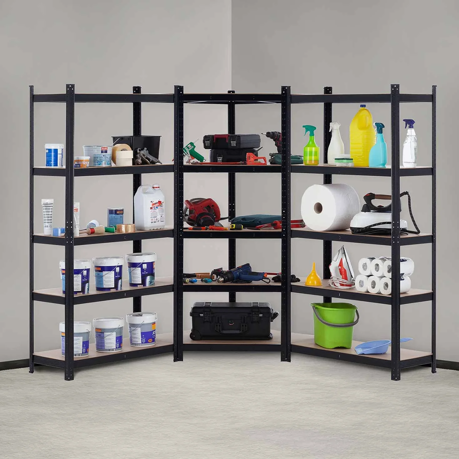 THINIA HOME Pack 2 Estanterías Modulares + 1 Estantería Esquinera, Acero MDF Antihumedad, 5 Baldas Ajustables, 875Kg