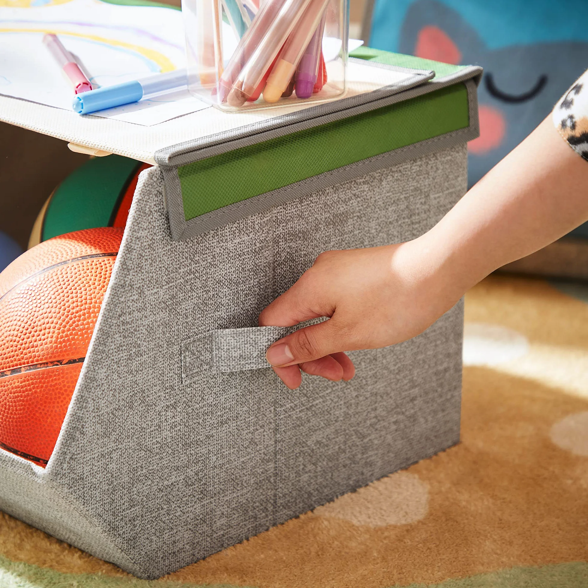 SONGMICS Caja Almacenaje Tela Infantil Plegable Juego 3 Apilables Asas Tapa Magnética Conejo Gato León Rosa Azul Verde Gris