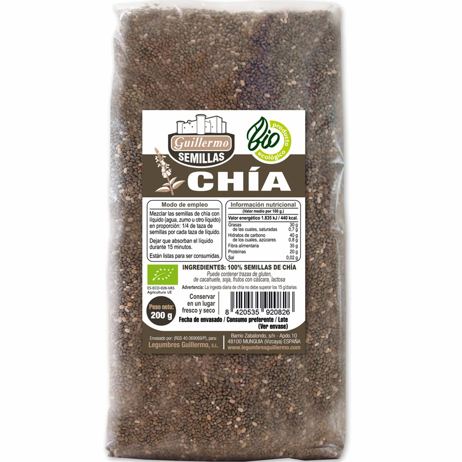 Semillas de chía BIO Guillermo 200 g Ecológico Superalimento Alto en Proteínas y Fibra
