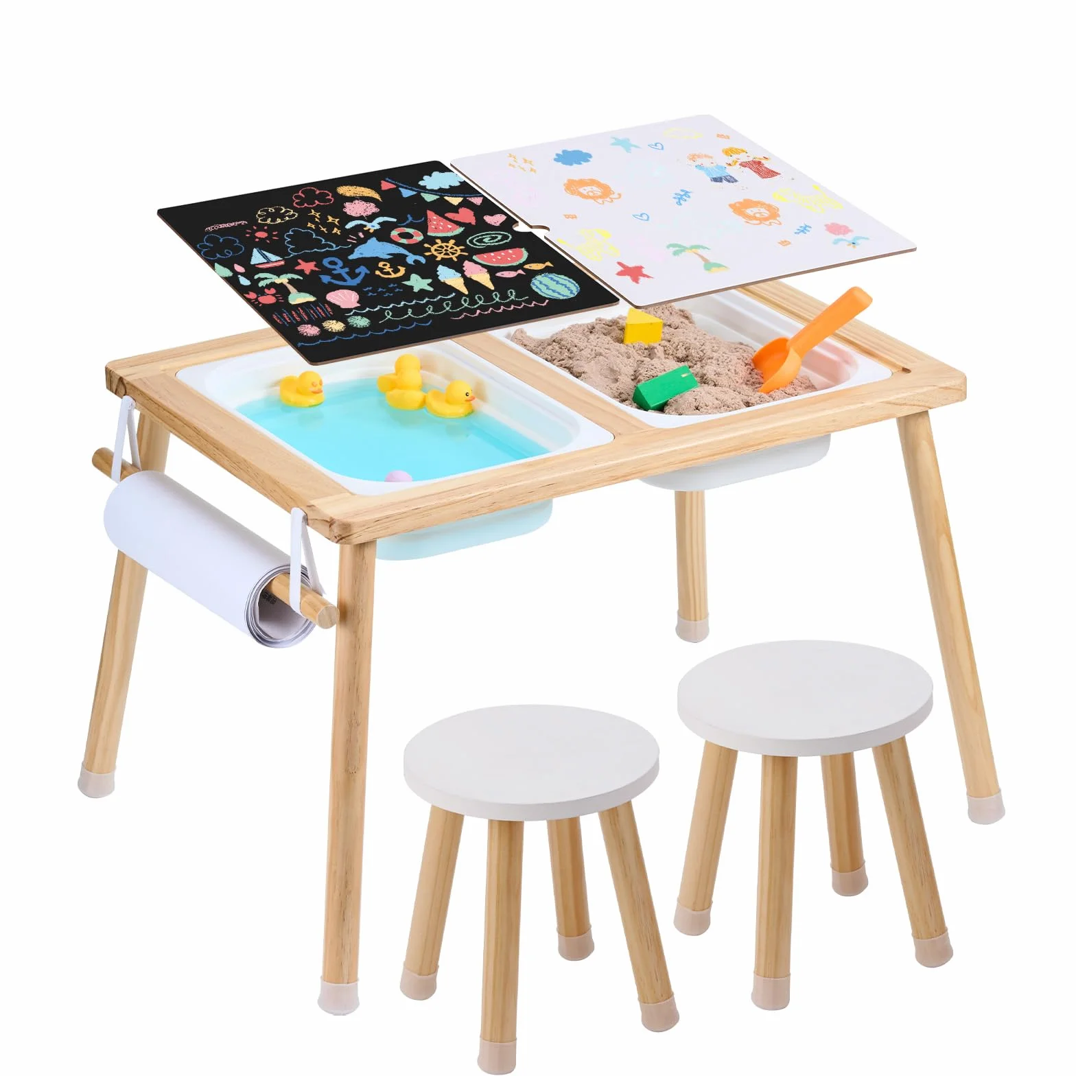 VEVOR Mesa Sensorial para Niños con 2 Taburetes, Contenedores y Soporte para Rollos de Papel, Juego de Agua y Arena