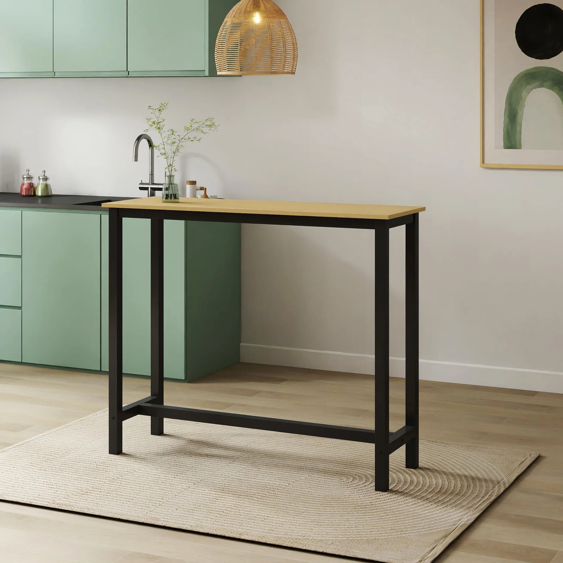MB Muebles Bonitos | Mesa Alta de Cocina | Estilo Industrial | Modelo Ani | Barra de Cocina Estrecha y Desayunador | Patas de Metal y Melamina Mate | Color Negro | 120x100x40 cm