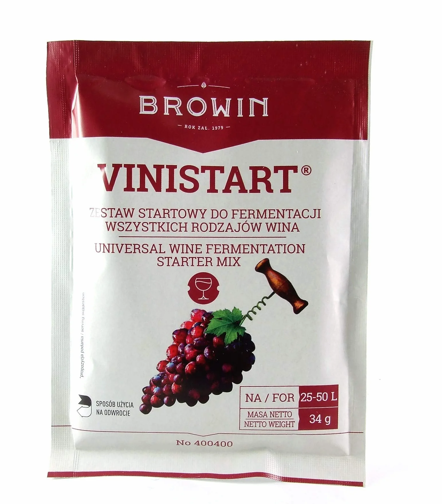 Levadura Vinistart Para Vino 34 g, Kit Inicial con Nutrientes, Hasta 50 L, 17%