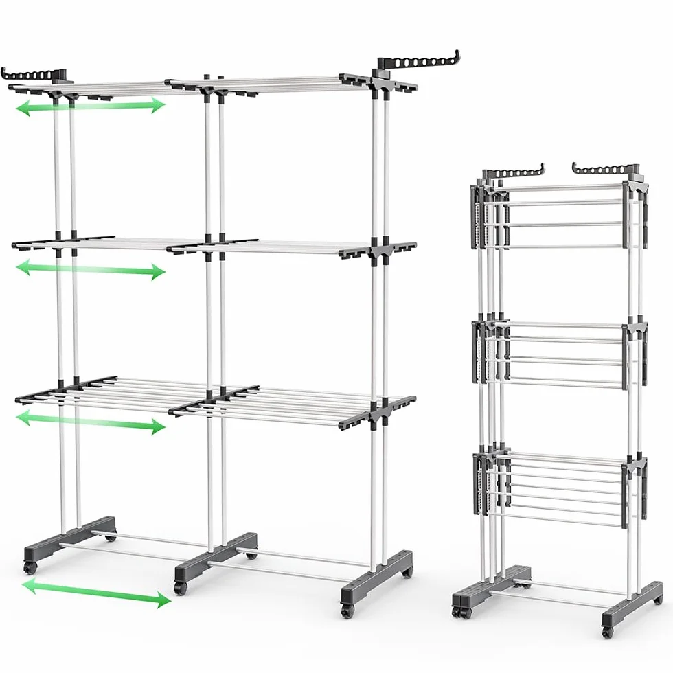VOUNOT® Tendedero Vertical Plegable Retráctil, Tendedores de Ropa Tipo Torre, Estantes de Secado Ropa con Alas Plegables y 6 Ruedas, 3 Niveles, Blanco