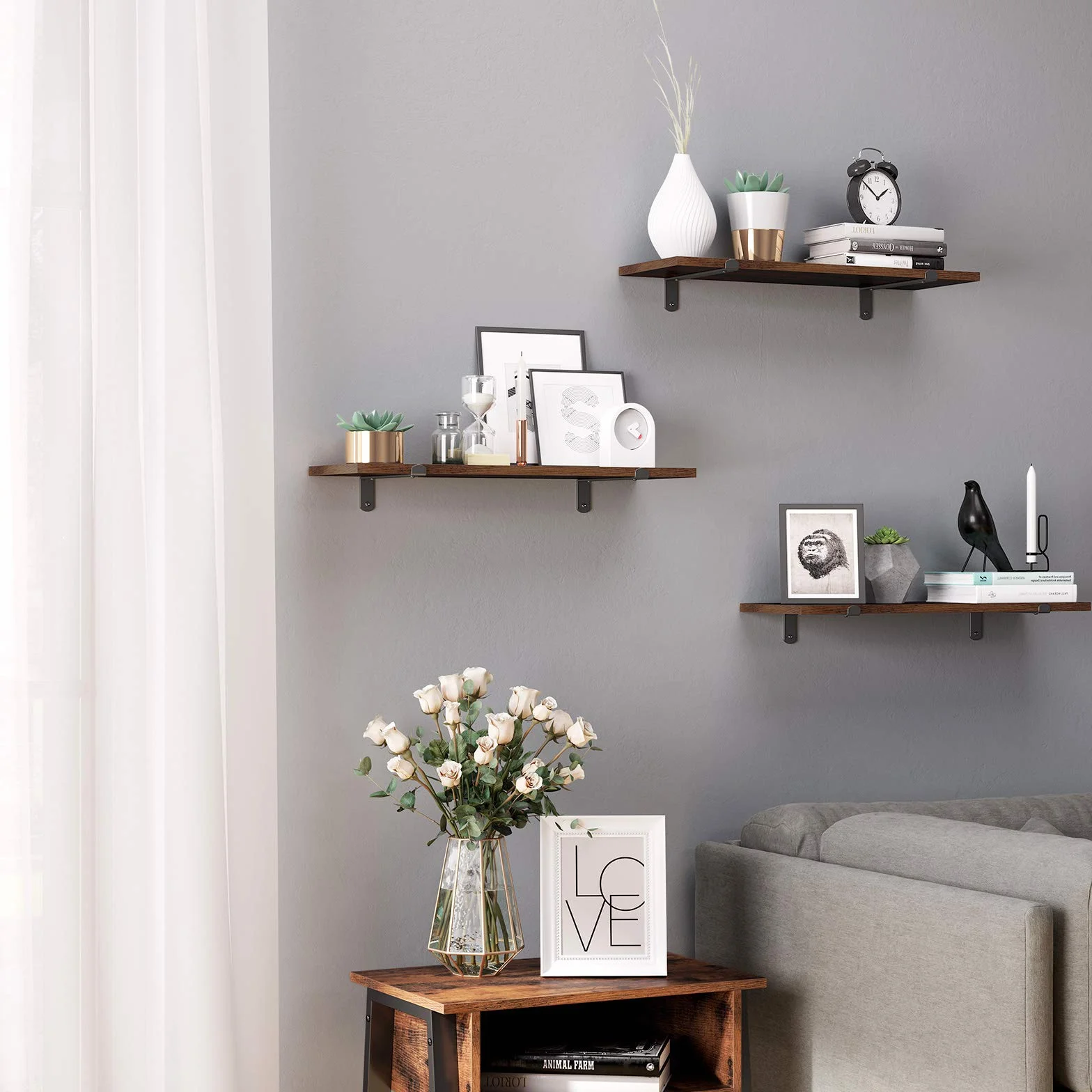 SONGMICS Estante de Pared Flotante Juego de 2 20x60x7 cm 10 kg Marrón Rústico y Negro Tinta LWS04NB