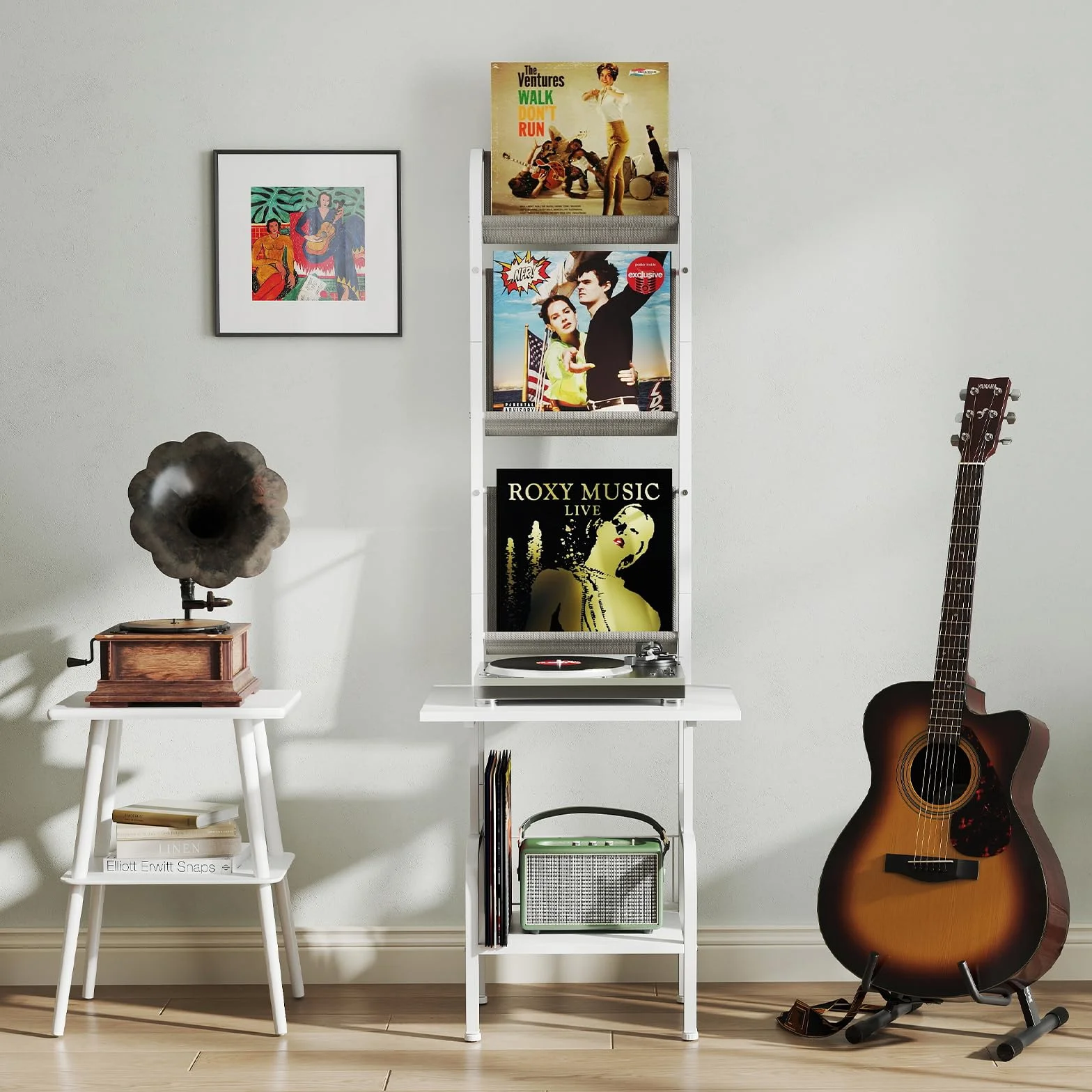 GOPLUS Soporte para Tocadiscos con Almacenamiento de 5 Niveles, Estantería Organizador para Vinilos con Juegos Antivuelco, Soporte para Tocadiscos con 3 Estantes para Discos de Vinilo (Blanco)