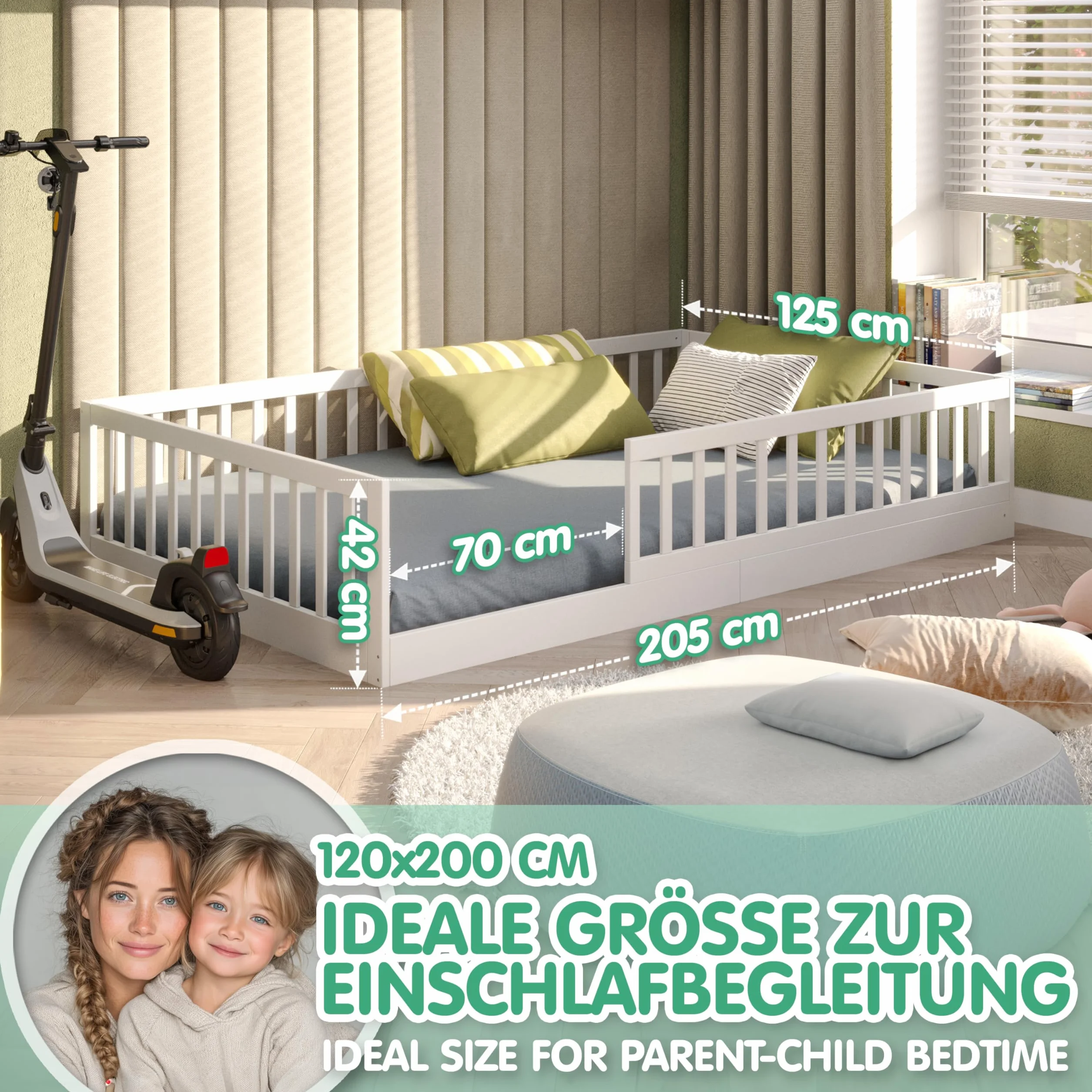 CADANI Timi 2en1 Cama Infantil al RAS del Suelo 120x200 cm Montessori con Barrera anticaída Desmontable, Incluye somier, Pino Macizo, Blanco - 3 Variantes de Montaje, hasta 200 kg, Convertible