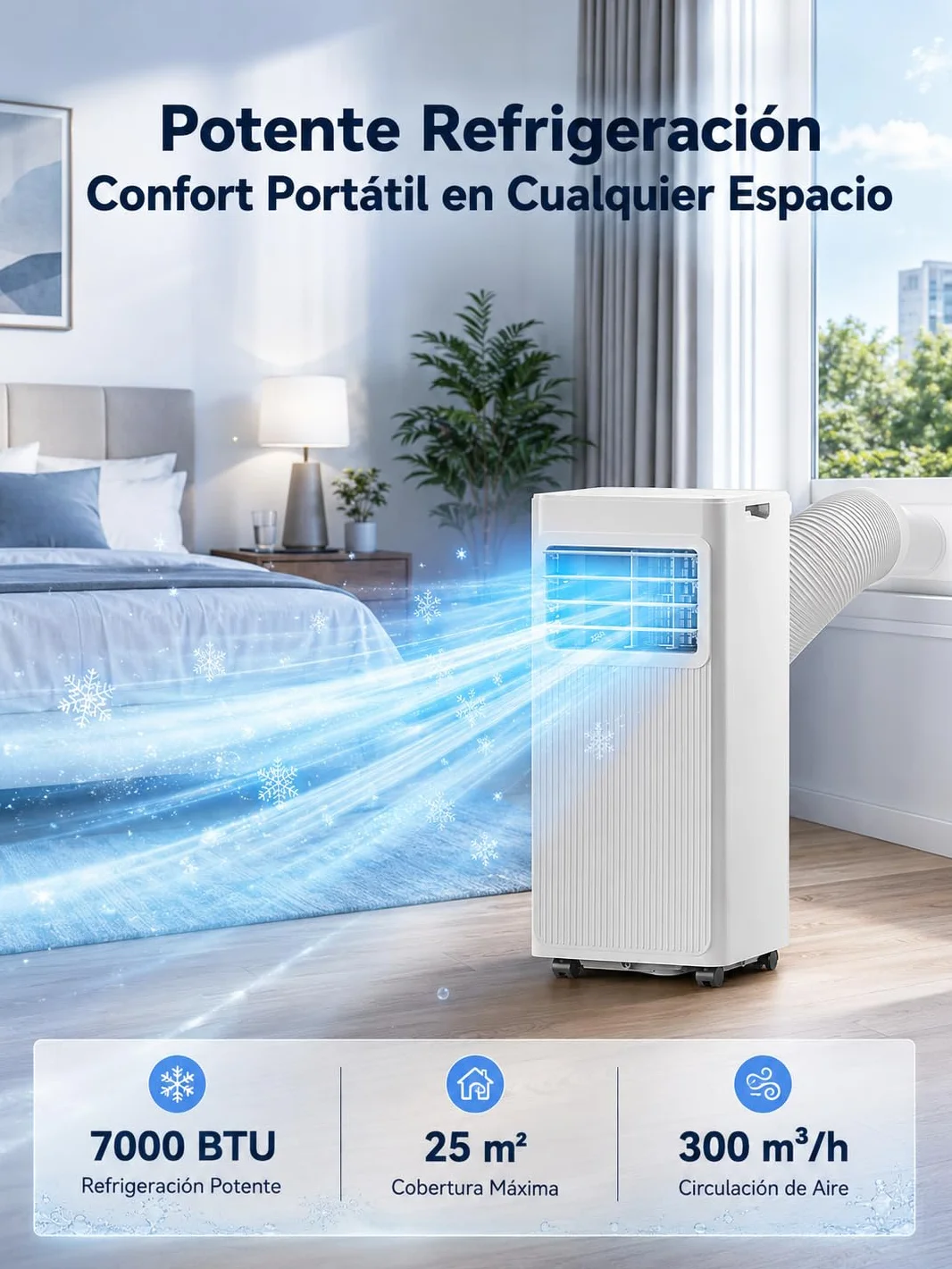 Aire Acondicionado Portátil 7000 BTU, Climatizador 4 en 1 (Frío, Ventilador, Deshumidificador 19L/D, Noche), Bajo Consumo, Silencioso, Temporizador 24H, Mando, Kit de Ventana Incluido, Blanco