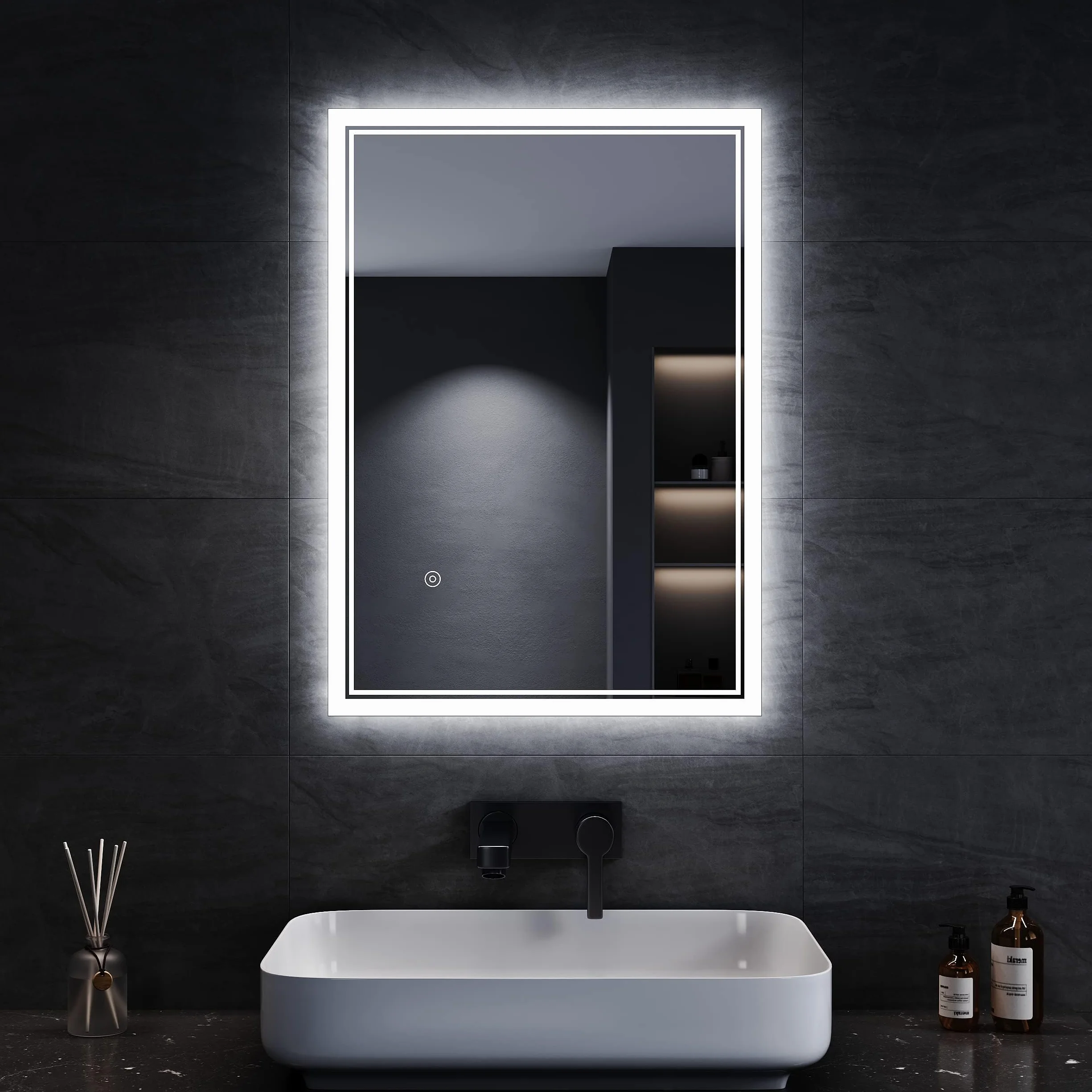 SONNI Espejo de Baño con Iluminación 80 x 60 cm Antiniebla Espejo de Baño con Interruptor Táctil Espejo de Pared Blanco Frío 6400k Interruptor de Pared IP44