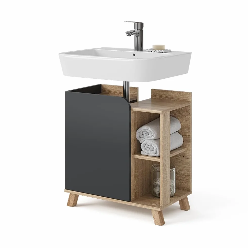 Vicco Mueble bajo Lavabo Karen, Sonoma/Antracita, 60 x 65 cm con Puerta y Compartimentos Abiertos, con Recorte para sifón para instalación Debajo del Lavabo