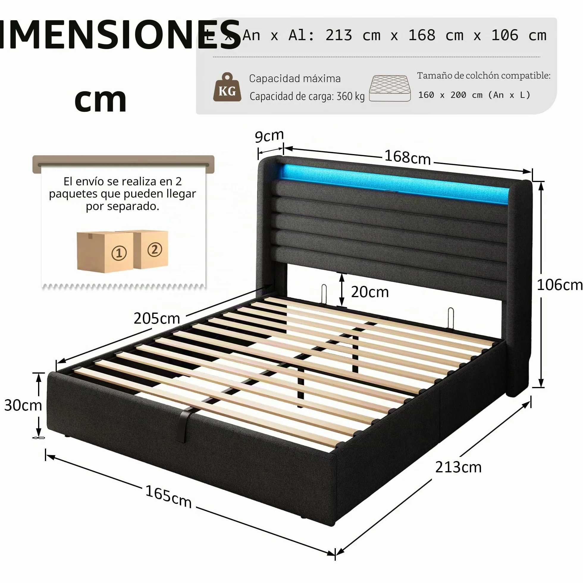 FEONASE Cama 160x200 cm con Almacenamiento, Tapizada, LED y Carga, Cabecero Hidráulico de Lino