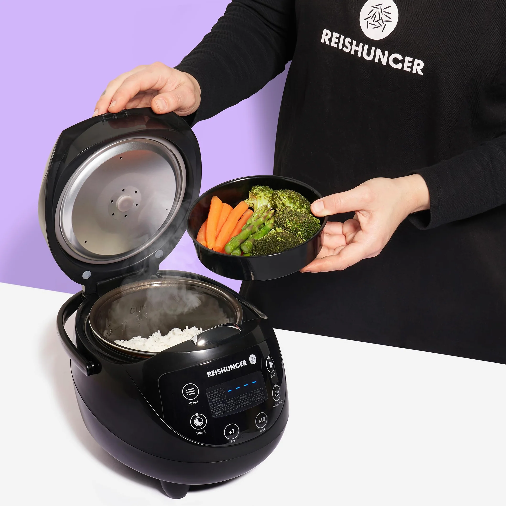 Reishunger Mini Olla Arrocera Eléctrica y Vaporera en Negro hasta 3 Personas (0.6 l) – Hervidor de Arroz con 8 Programas - Con Pantalla LED y Función Automática de Mantenimiento del Calor