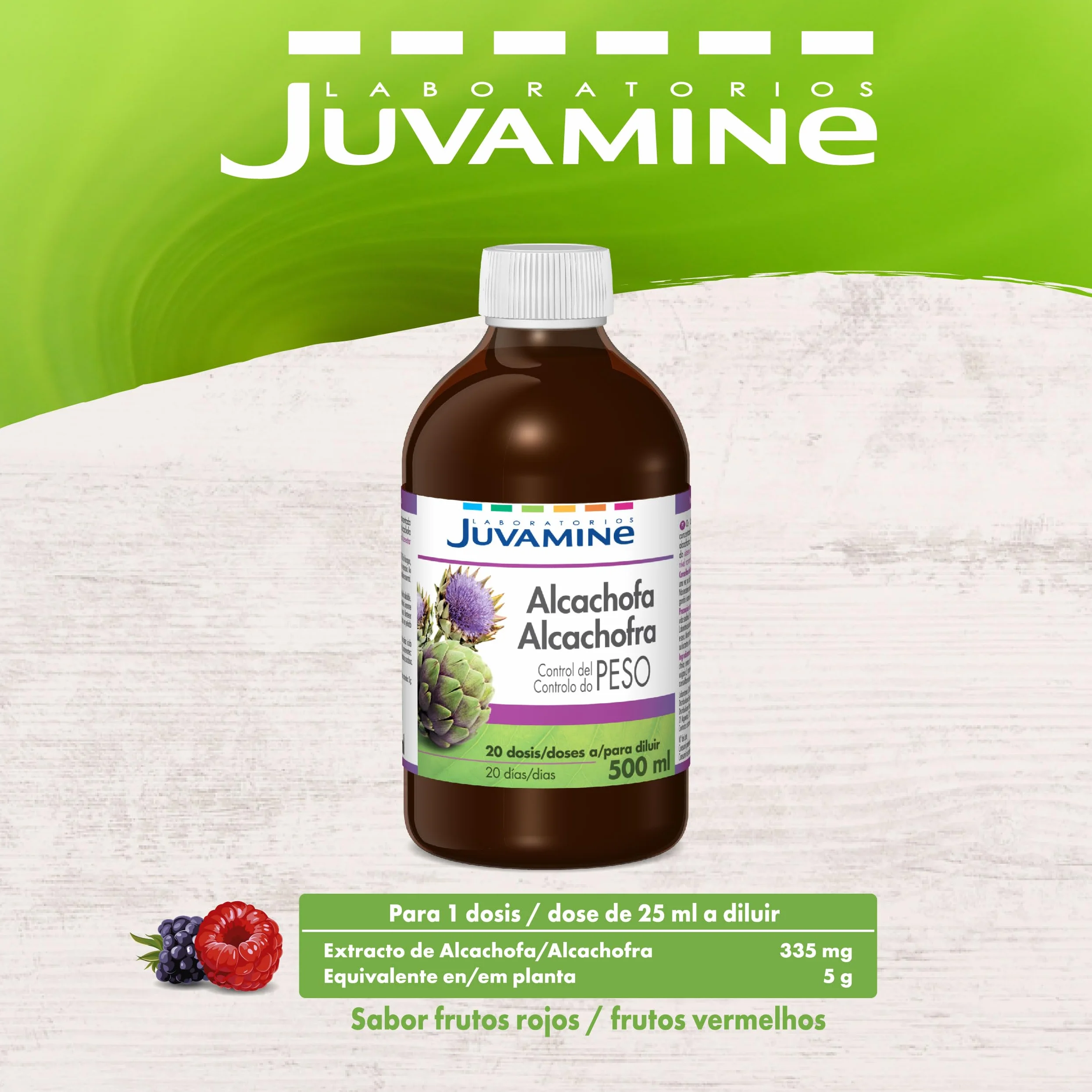 JUVAMINE Botella Alcachofa 500mL Programa 20 Días Control de Peso Sistema Digestivo Sabor Frutos Rojos