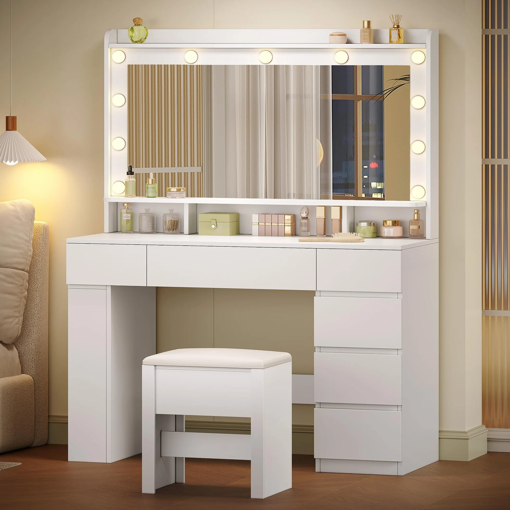 HEXCELEN 108 cm Tocador con Espejo Grande, Tocador de Maquillaje con Luz LED, Mesa de Maquillaje con 6 Cajones y Compartimento de Almacenamiento Lateral Abierto, Blanco