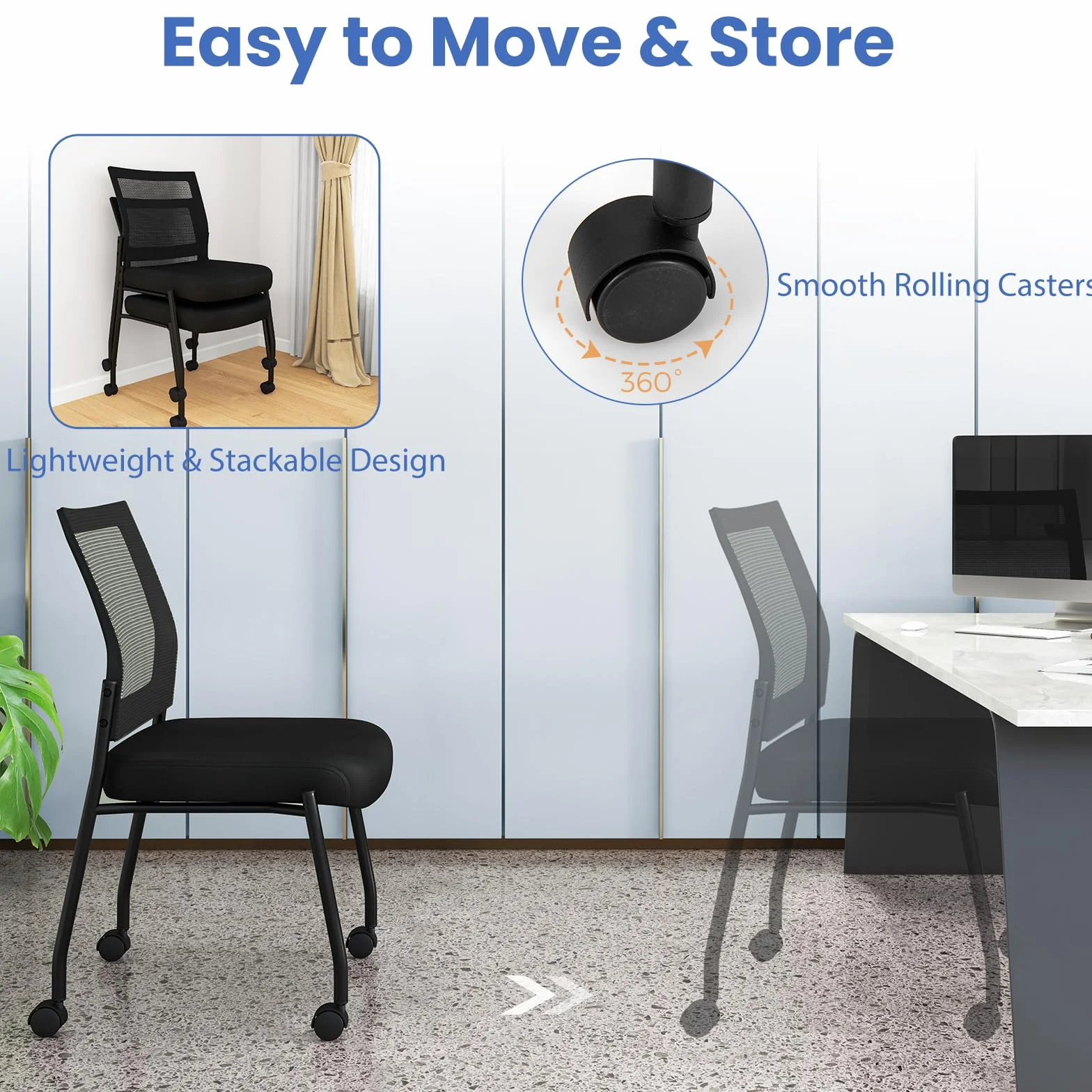 HOMASIS Juego de 2 sillas de Conferencia con Ruedas, Silla de Visita apilable con Rejilla, Silla de Oficina ergonómica con Respaldo, Silla apilable para Oficina, Conferencia, Negro (Sin reposabrazos)