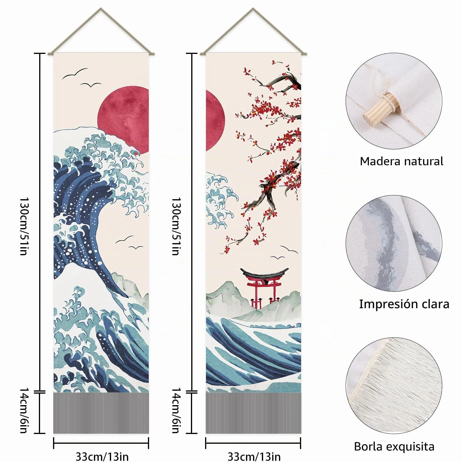AHANDMAKER Tapiz Japonés Olas Oceánicas Rojas 33x130 cm Paquete 2