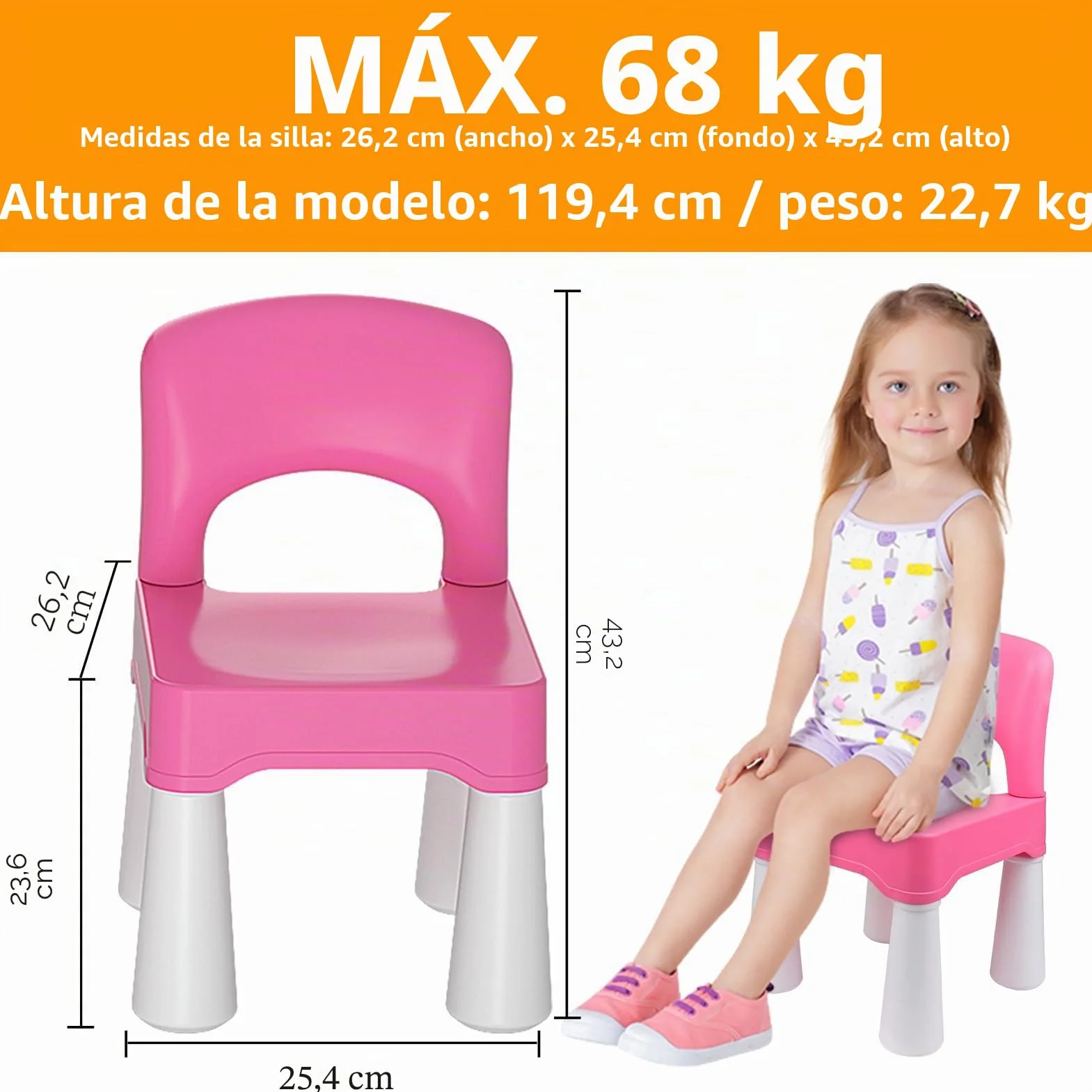 burgkidz Silla de Plástico Rosa para Niñas Pequeñas de 2 Años en Adelante, Desmontable y Ensamblable para Hogar y Jardín, Peso Máximo 100 Kg/220 LB