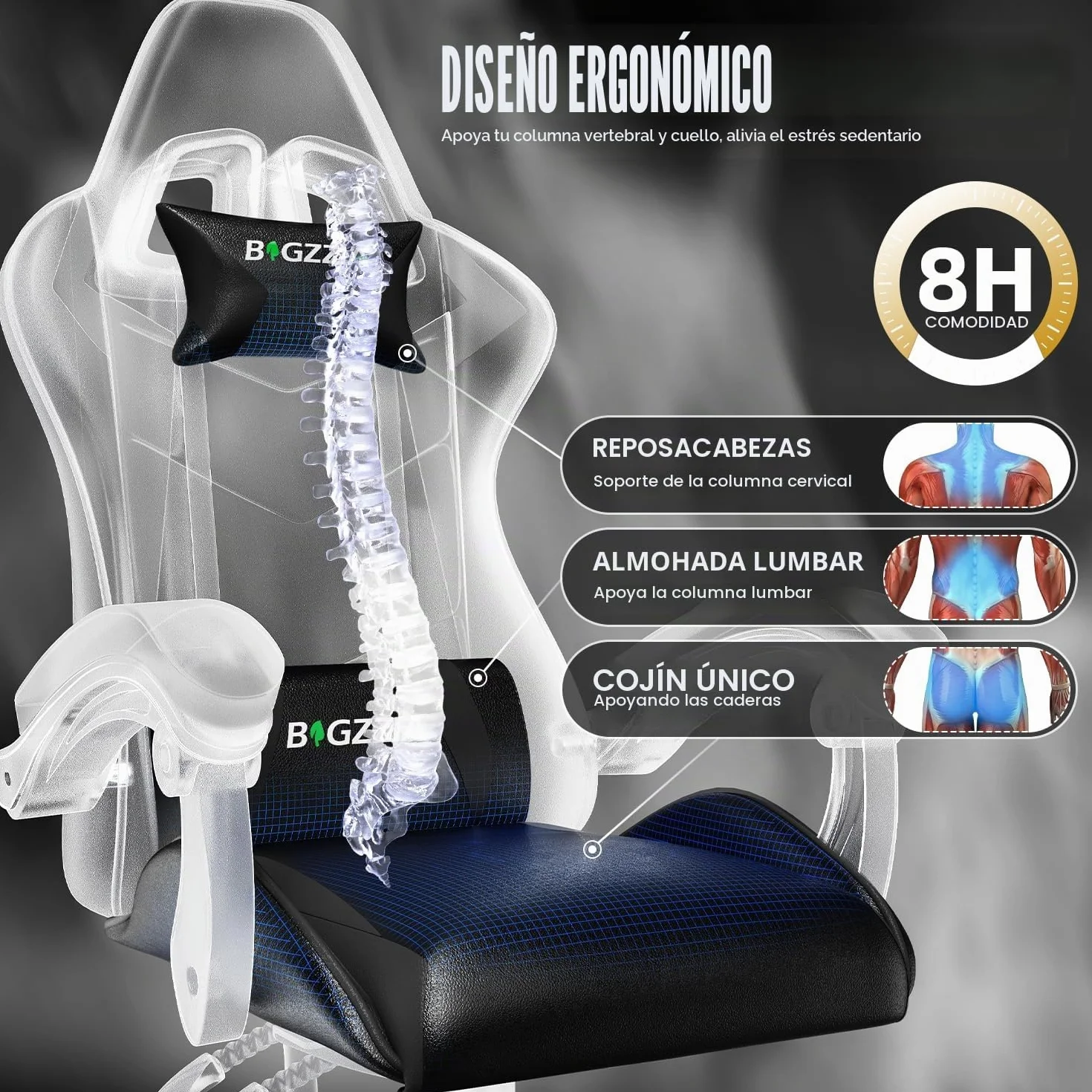 Silla Gaming Ergonómica de Oficina en Cuero PU, Regulable en Altura, Soporte Lumbar, Reposacabezas, Respaldo Reclinable 155°, Silla Gamer Adulto Niño (Negro)