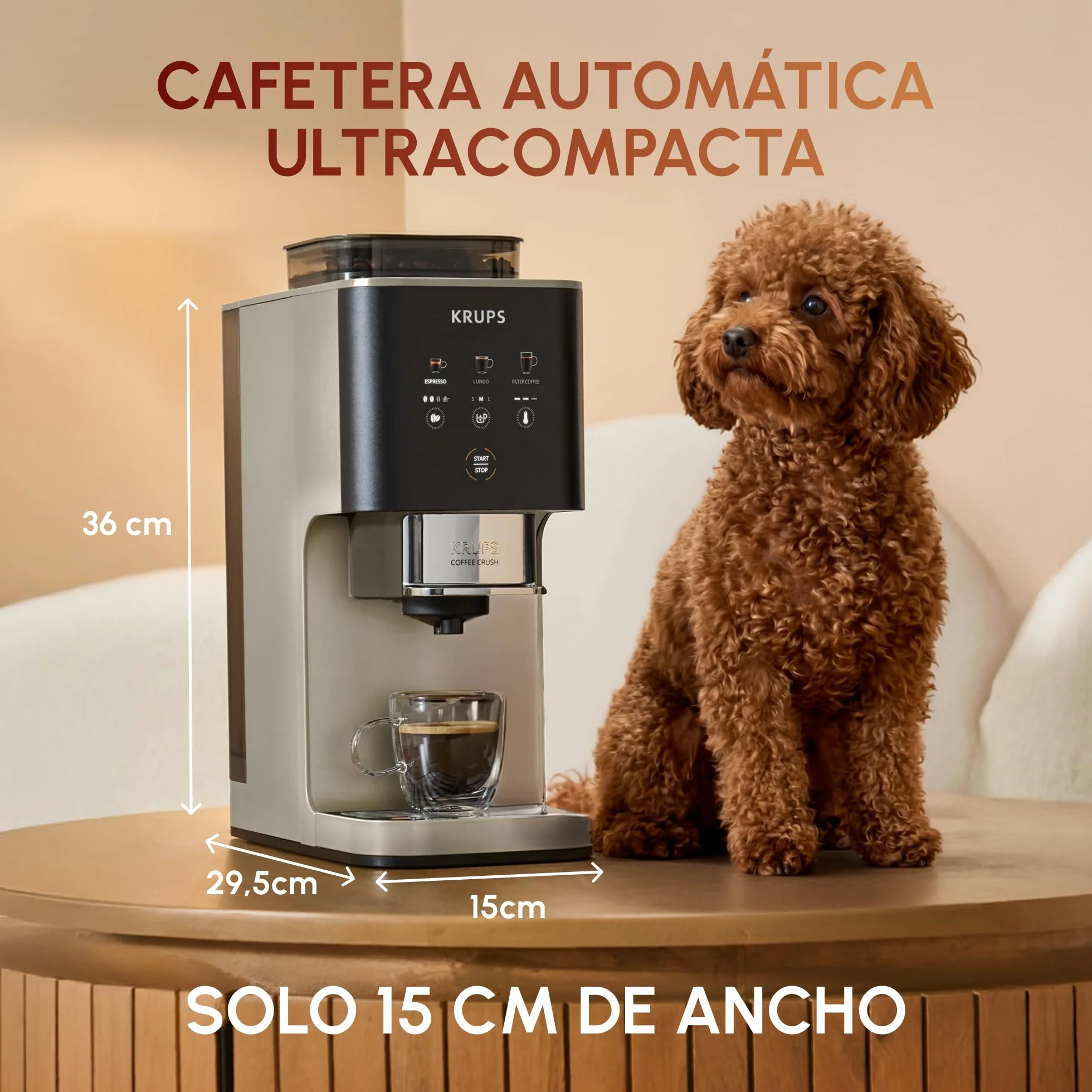 KRUPS Coffee Crush, Cafetera automática, Café en Grano y Molido, 15 Bares, 3 recetas de café, 3 niveles de temperatura y de molienda, Pantalla táctil, Compacta 15 cm de ancho, Beige, SA402AE0