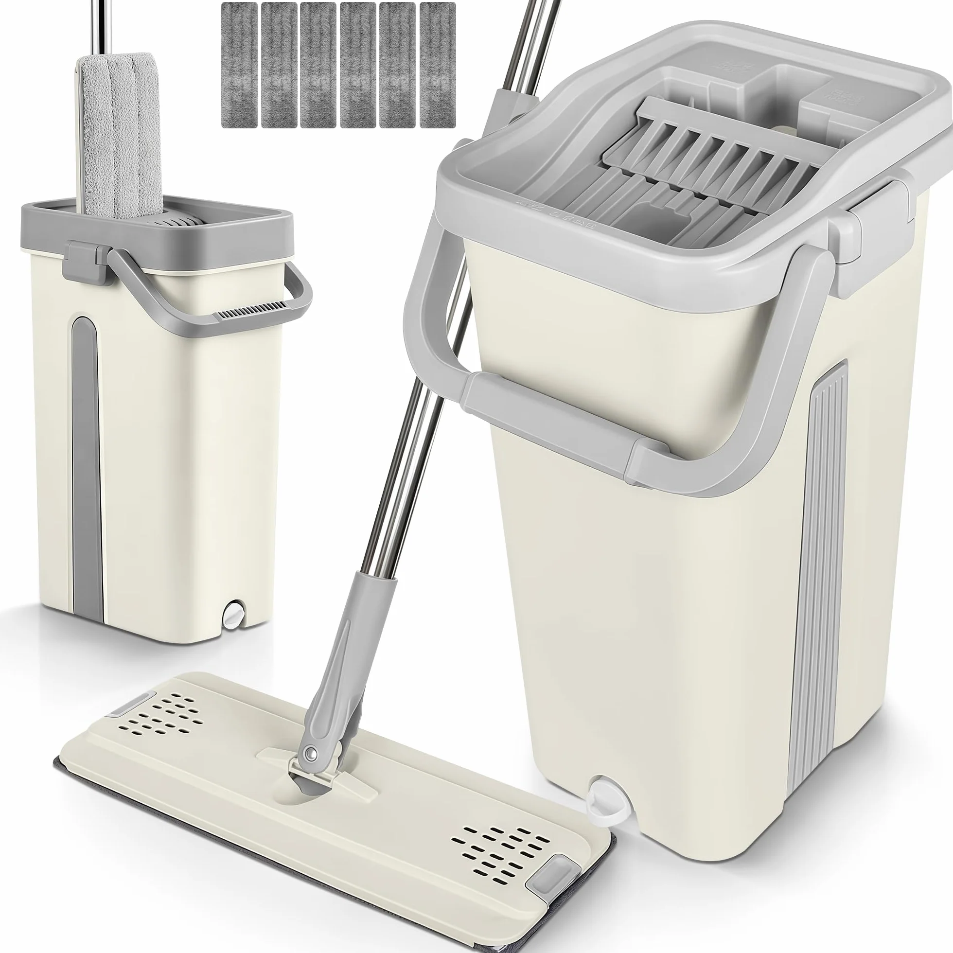JUPPLIES Mopa Fregona con Cubo Escurridor Doble Compartimento 7,5 L Sistema Giratorio Mango Telescópico Recambios Microfibra Blanco 6 Recambios
