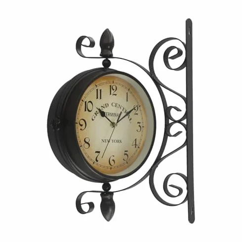 Reloj de pared de doble cara estilo estación de hierro redondo antiguo de 8 pulgadas reloj silencioso de cuarzo con números grandes para sala de estar, pasillo, porche, reloj de pared retro vintage