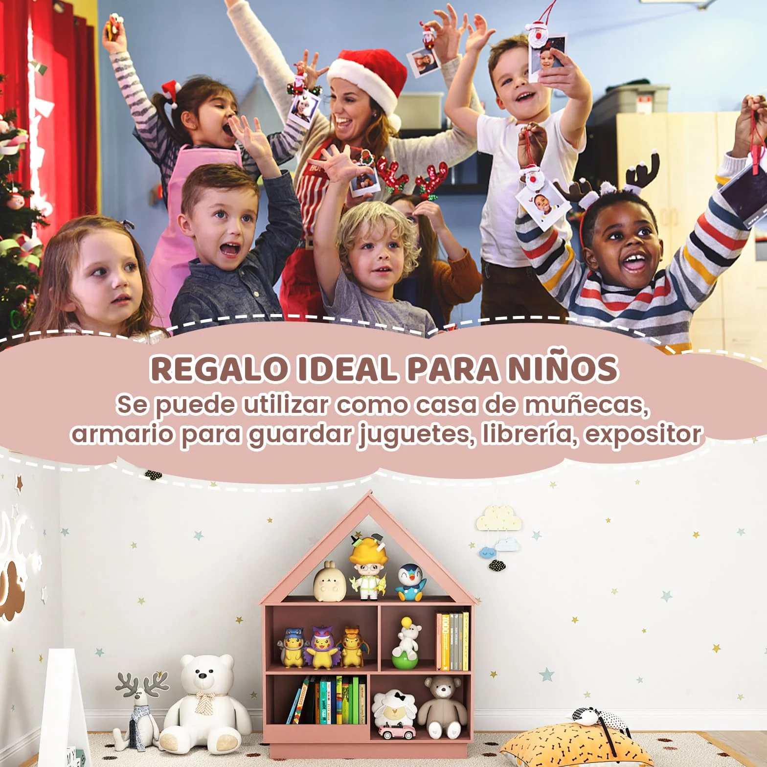 COSTWAY Estantería Infantil para Muñecas, Librería Infantil en Forma de Casa, Armario de Almacenaje de Juguetes de Madera con 5 Cubículos, Estante Abierto de 3 Niveles para Niños (Rosa)
