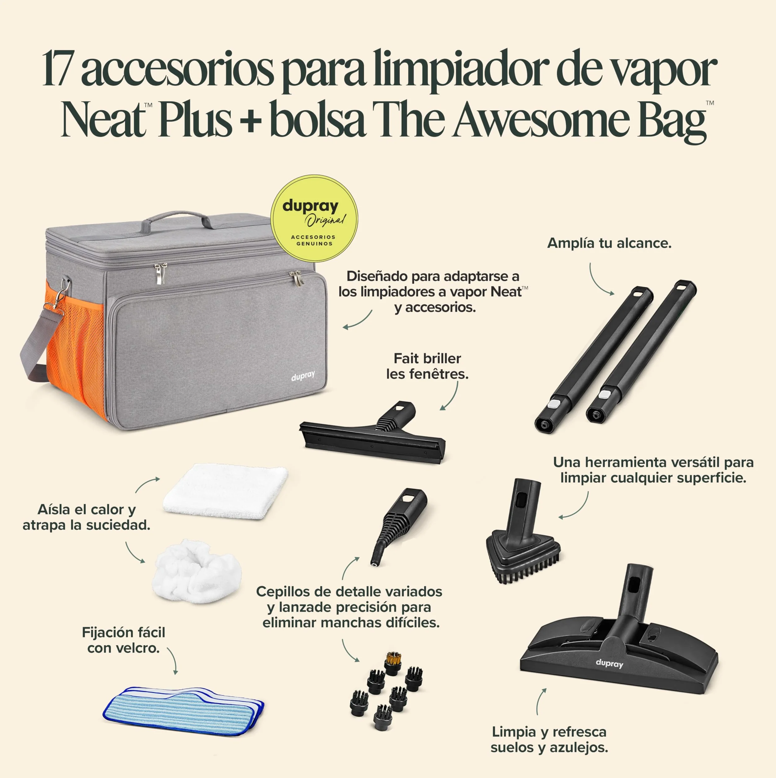 Dupray Neat Plus Limpiador a Vapor – 18 Accesorios, Vapor Potente sin Químicos, Limpieza Profunda para Suelos, Sofás, Cocina, Baño y Coche