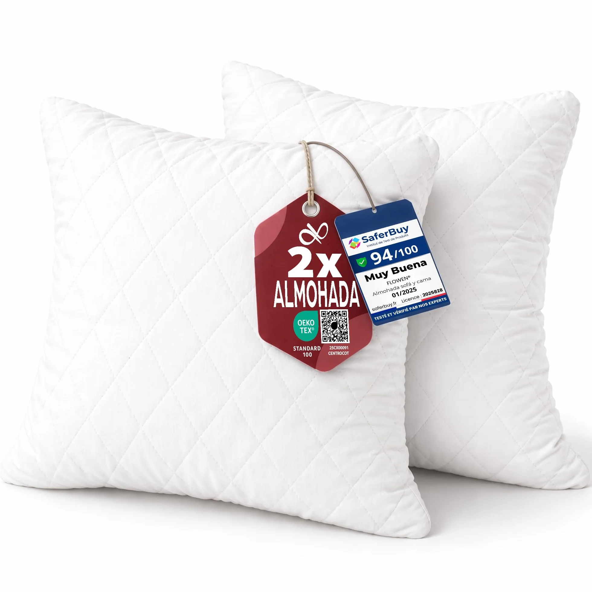 Flowen Almohadas para Cama 65x65 2 Unidades Relleno Cojin Hipoalergénico Antiácaros y Suave Cuadrado para Hogar con Funda de Almohada Acolchada Blanco Extraíble y Lavable