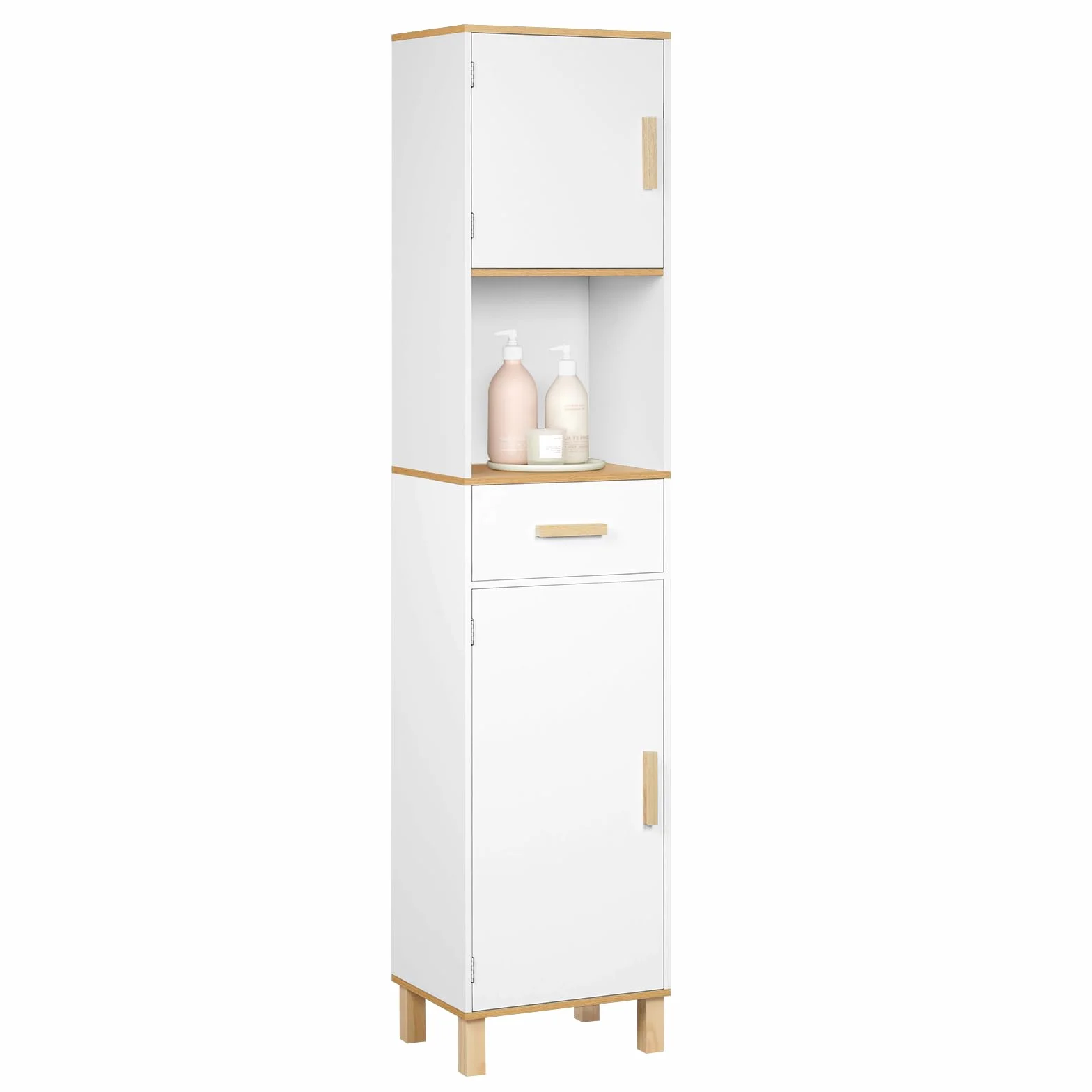 EUGAD Armario Baño Alto, Armario Columna de Almacenamiento, Mueble Baño Blanco con 2 Puertas, 4 Compartimentos Interiores, 1 Compartimento Abierto y 1 Cajón, MDF, 39x30x179 cm