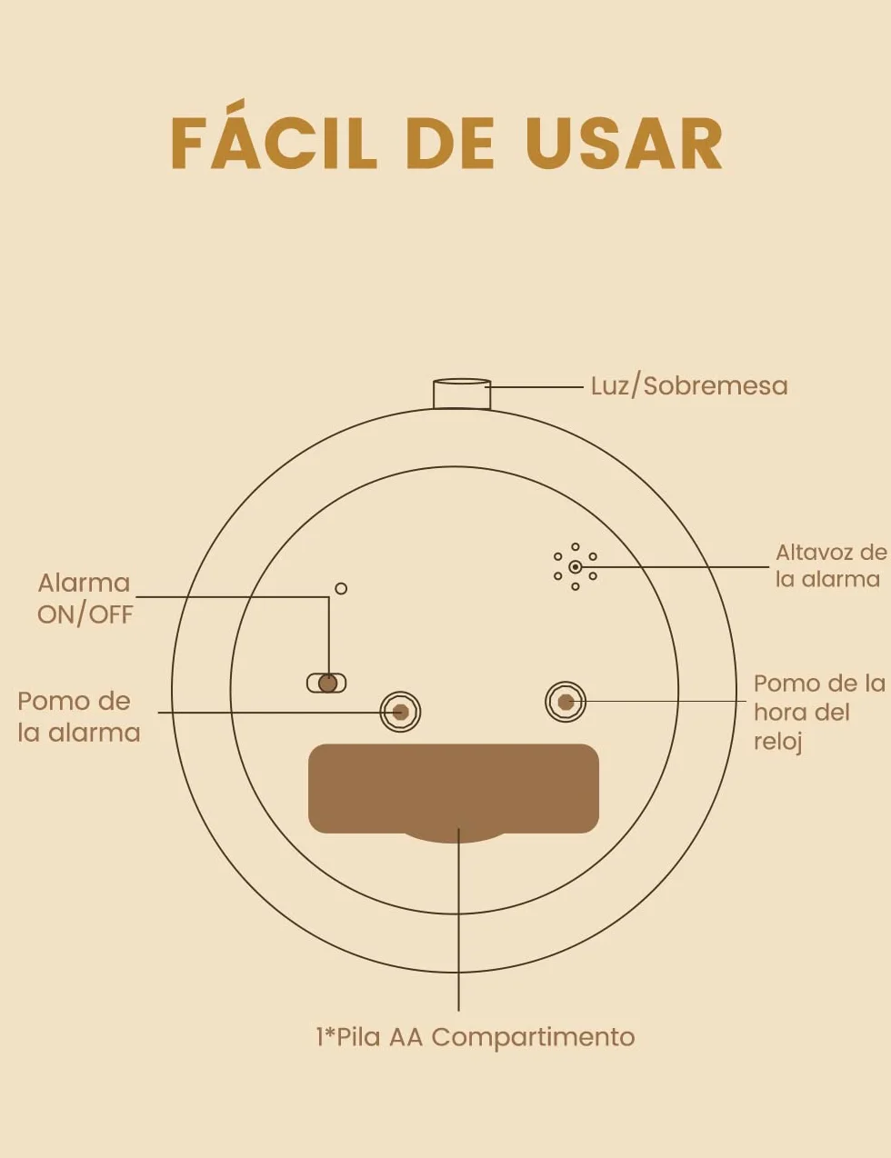 aboveClock Reloj Despertador Analógico Madera con Snooze y Luz - Marrón Claro