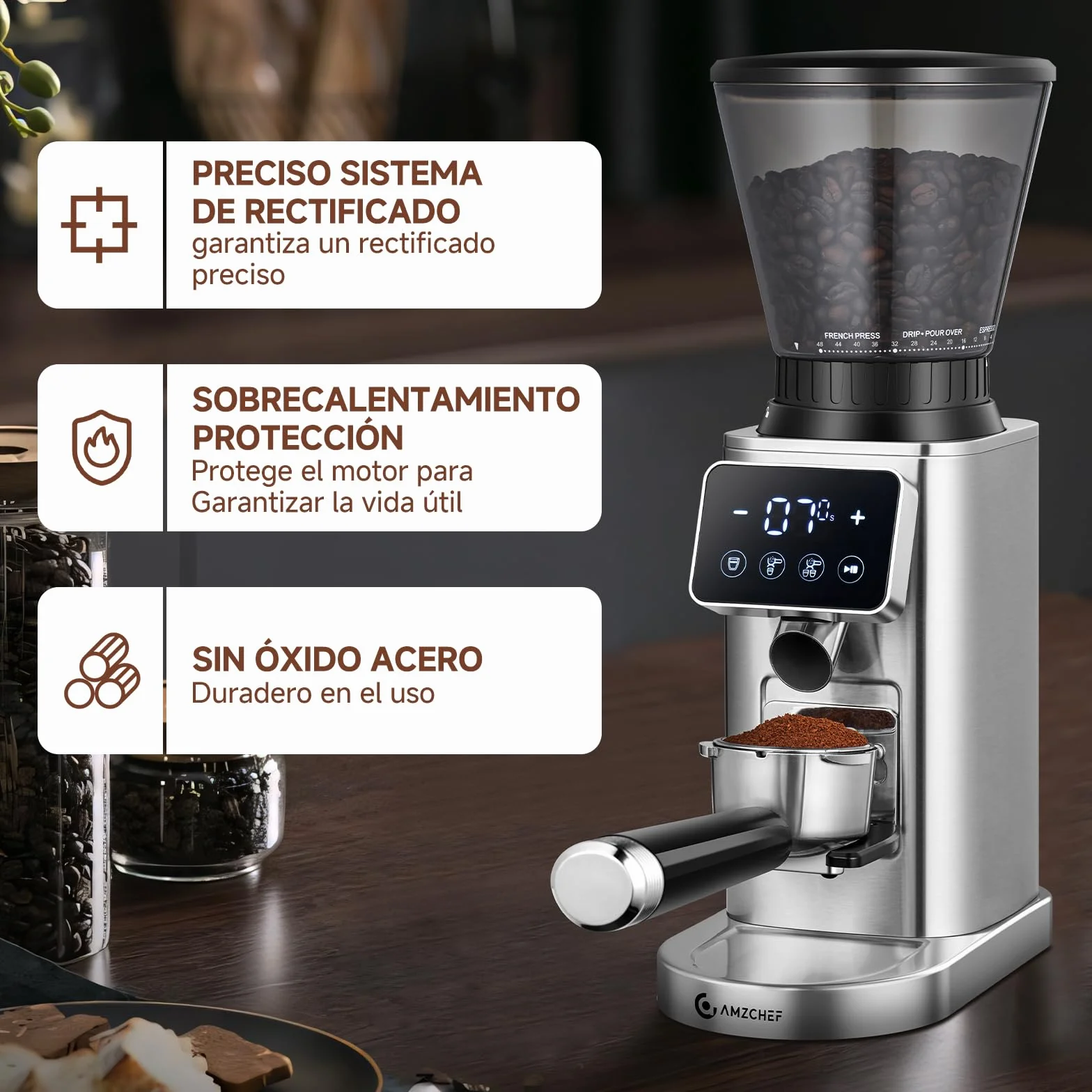 AMZCHEF Molinillo de Café Eléctrico con 48 Niveles de Molienda, Sistema Antiestático, Pantalla Táctil LCD, Depósito de 300 g, Acero Inoxidable, para Espresso, Café Filtrado, French Press