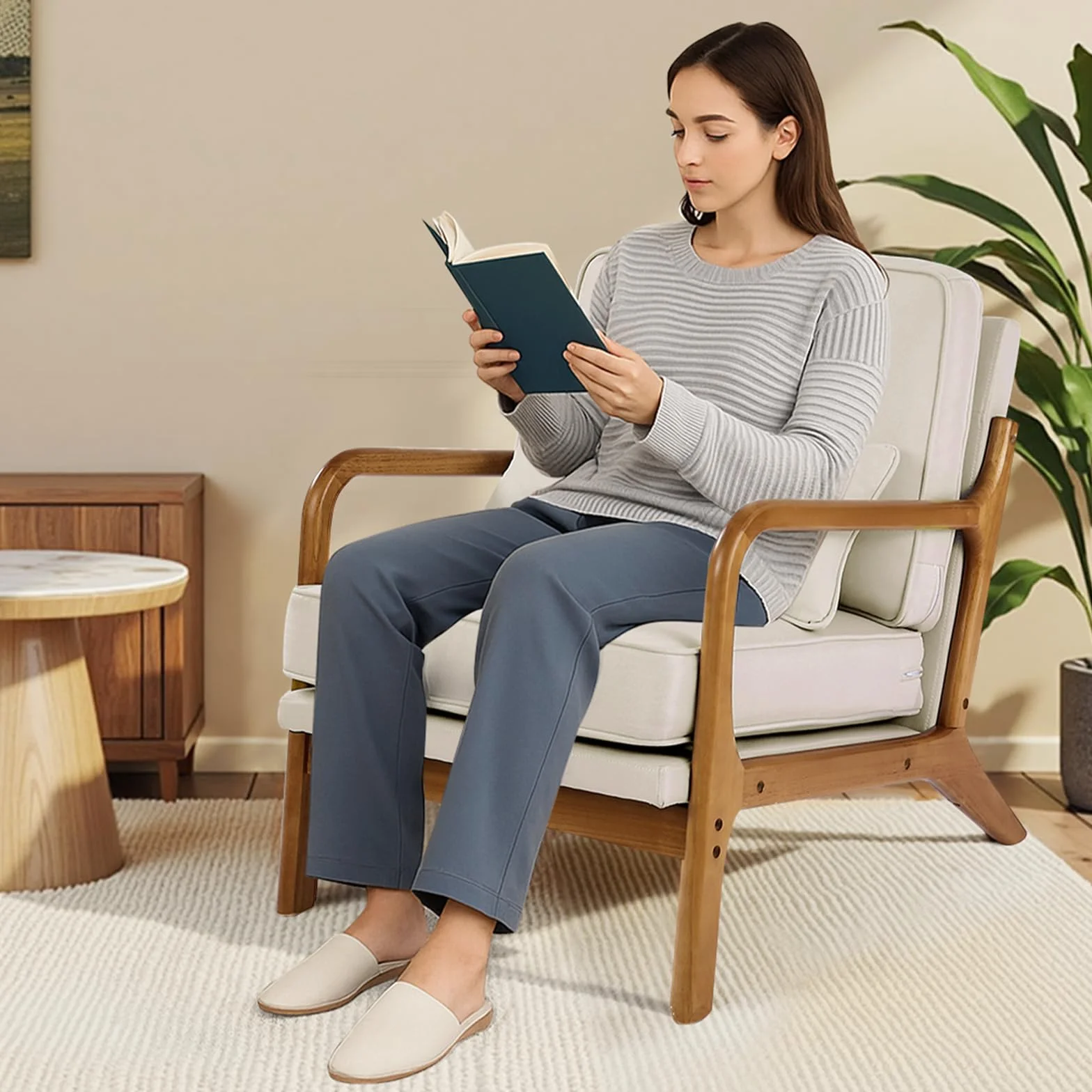 VEVOR Sillón de Estilo Moderno de Mediados de Siglo con Estructura de Madera Maciza y Patas Antideslizantes, Tapizado en Tela de Lino y Cojín Grueso de 14,5 cm para Salón, Dormitorio y Oficina