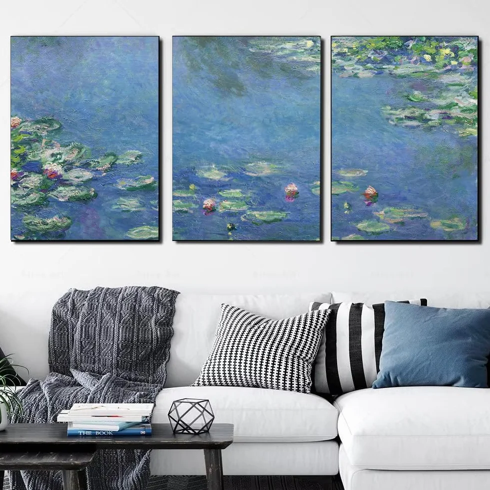 Cuadro de lienzo enmarcado de 3 paneles, Nenúfares 1906 de Claude Monet, lámina artística, póster, imágenes modernas, decoración para el hogar 60x85cm/24x34inx3marco interior