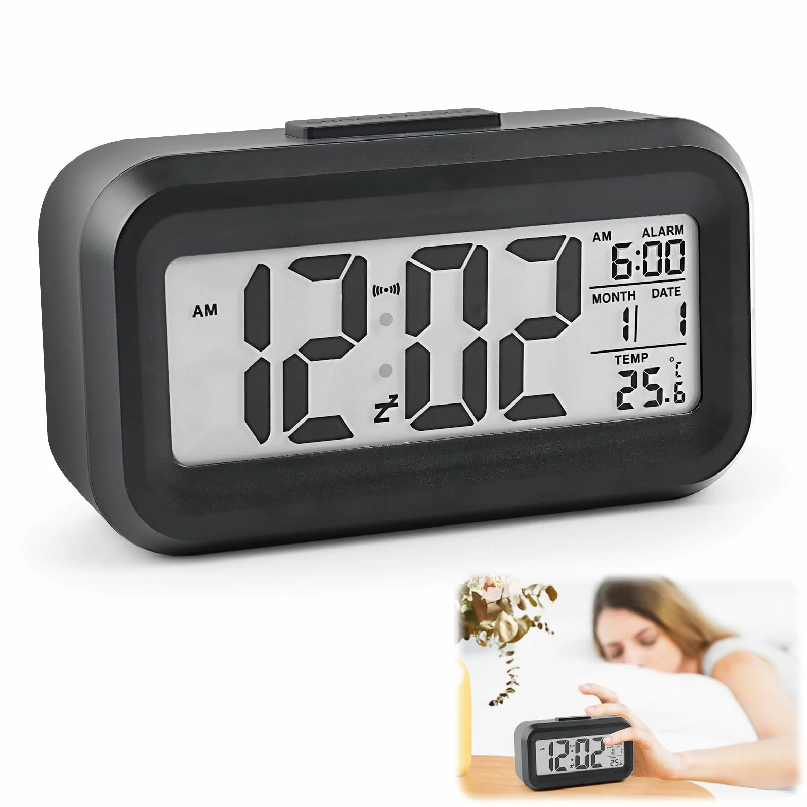 VFANDV Despertador Digital, LCD Reloj Despertador Digital con Termómetro Función Snooze Reloj Inteligente de Cabecera a Pilas Reloj de Mesa de Viaje para Sala de Oficinas Familiares