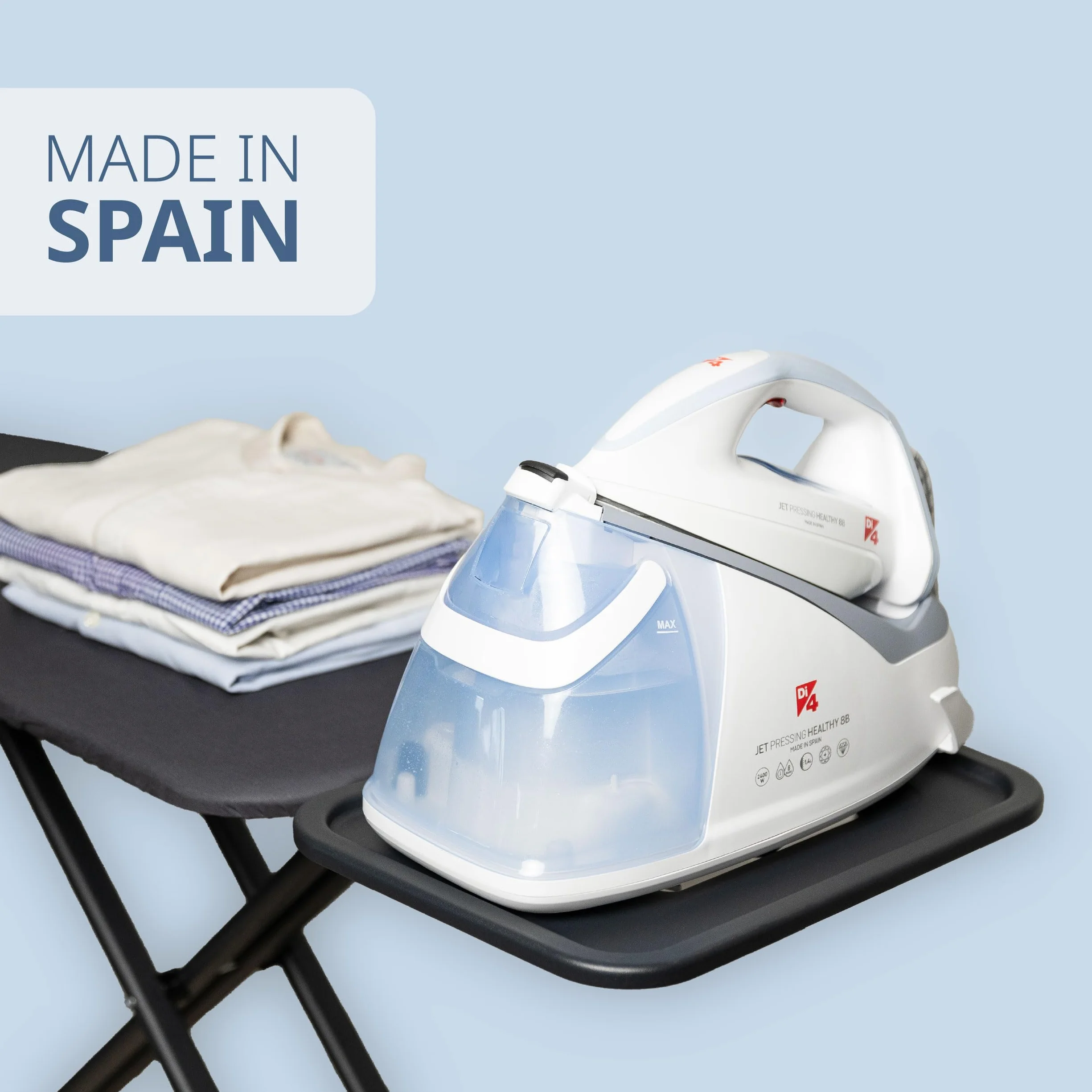 DI4 Centro de Planchado Jet Pressing Healthy 8B, 2600W, Golpe de Vapor 700gr, Vapor Continuo 150gr/min, Elimina 99,99% de Virus y Bacterias, Tecnología SmartCare, Suela 4D PROslide, Blanco