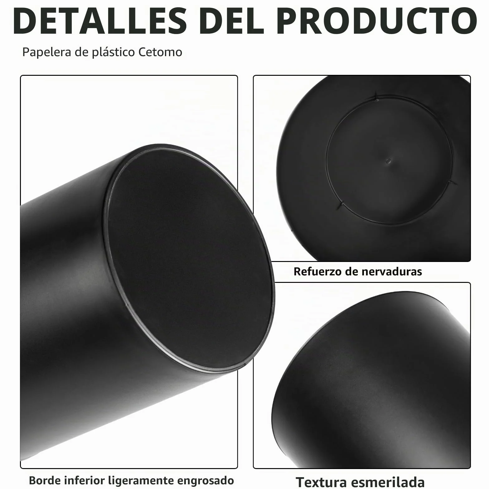 Cetomo Bote de Basura Plástico 7.2L Papelera Pequeña Minimalista Apilable Negro Pack 3