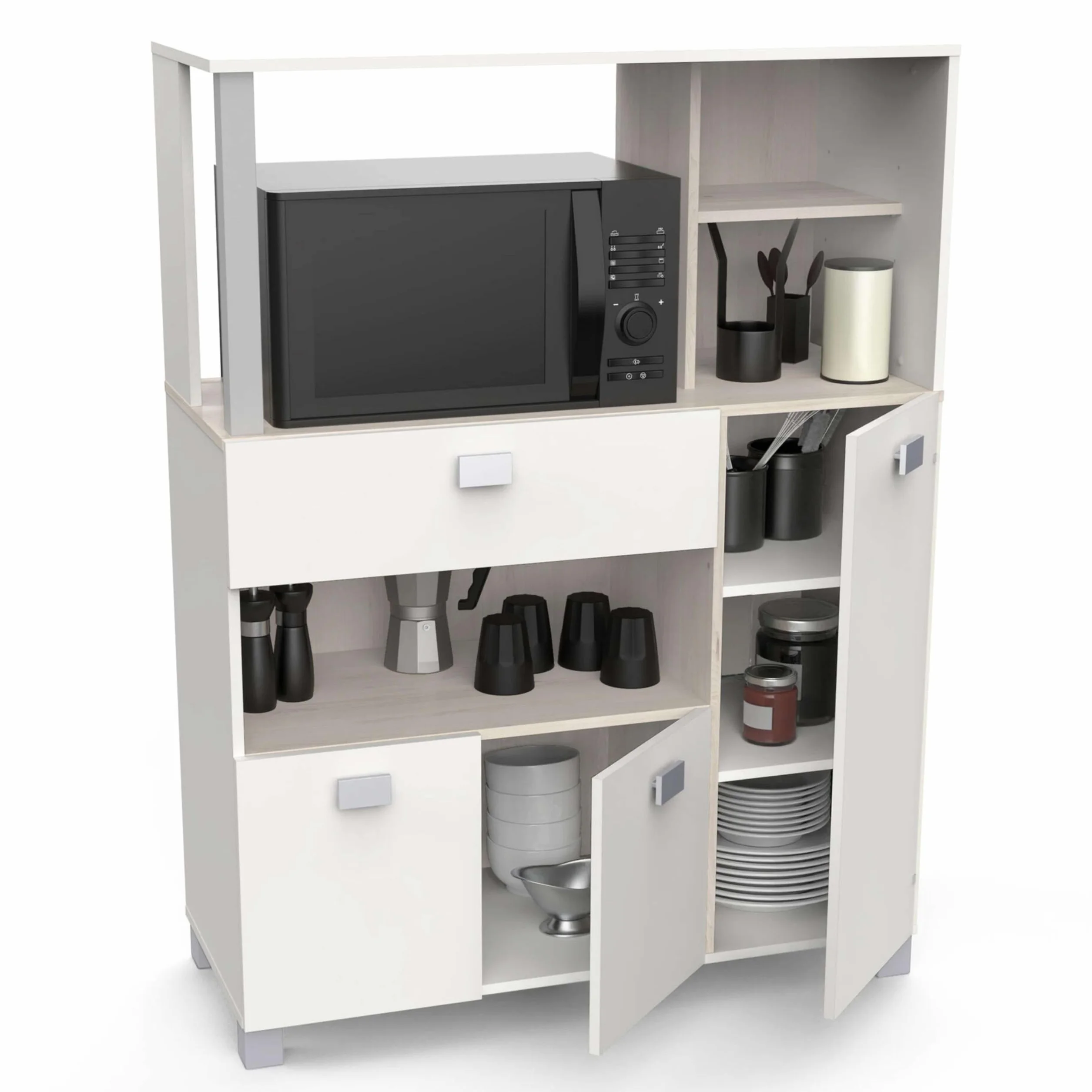 Mueble Auxiliar de Cocina de Suelo con Cajones y Compartimentos en Color Blanco Mate 132x99cm