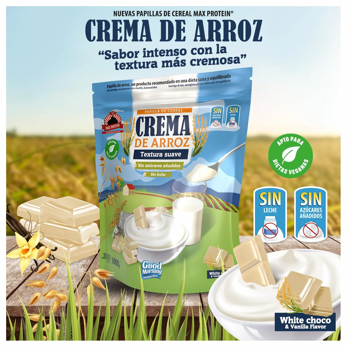 MAX PROTEIN Crema de Arroz Fitness 1000g Fuente Carbohidratos Pre Entreno Post Entreno Vegana Sin Lactosa White Choc Vanilla