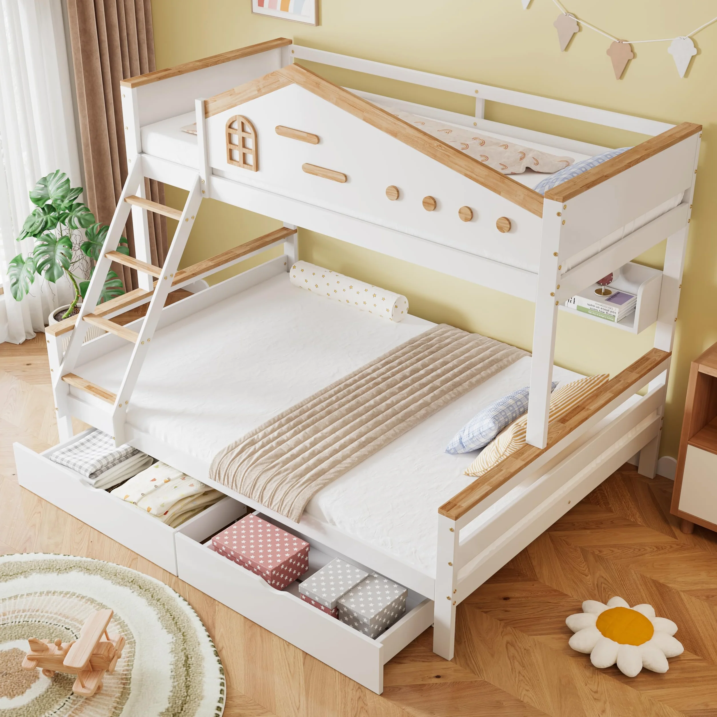 Lubvtti Litera Infantil con 2 cajones,Cama Infantil 90 x 200 cm y 140 x 200 cm,literas Juveniles con Estante Abierto,Estructura de Cama de Matrimonio de Madera Maciza, Blanco + Natural