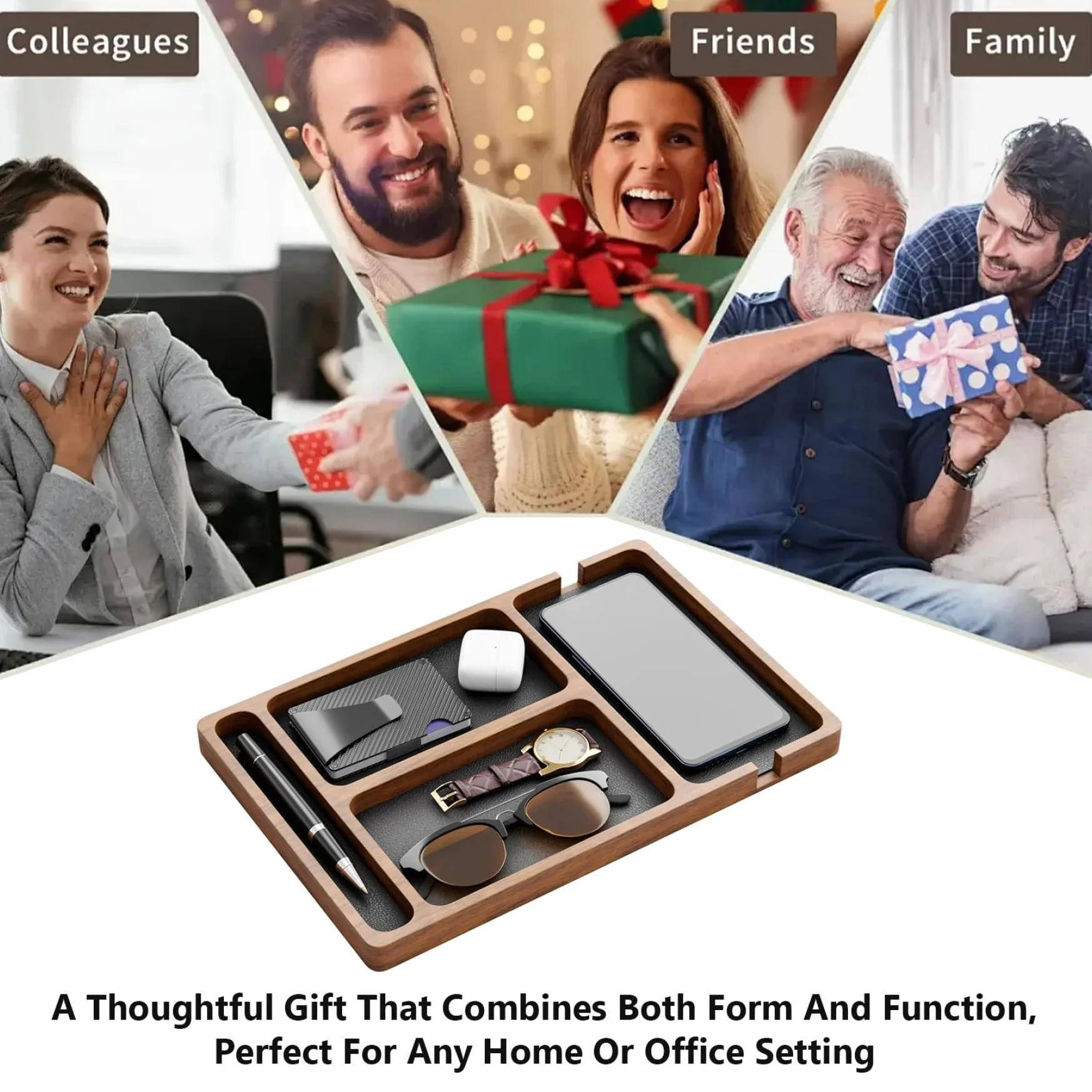 Coge Todas Las bandejas, Bandeja de Valet de Madera con Incrustaciones de Cuero, Organizador de Nocturno de Compartimento 12x8 para Hombres Mujeres, captando Todo Bandeja para Llaves, teléfono, bille