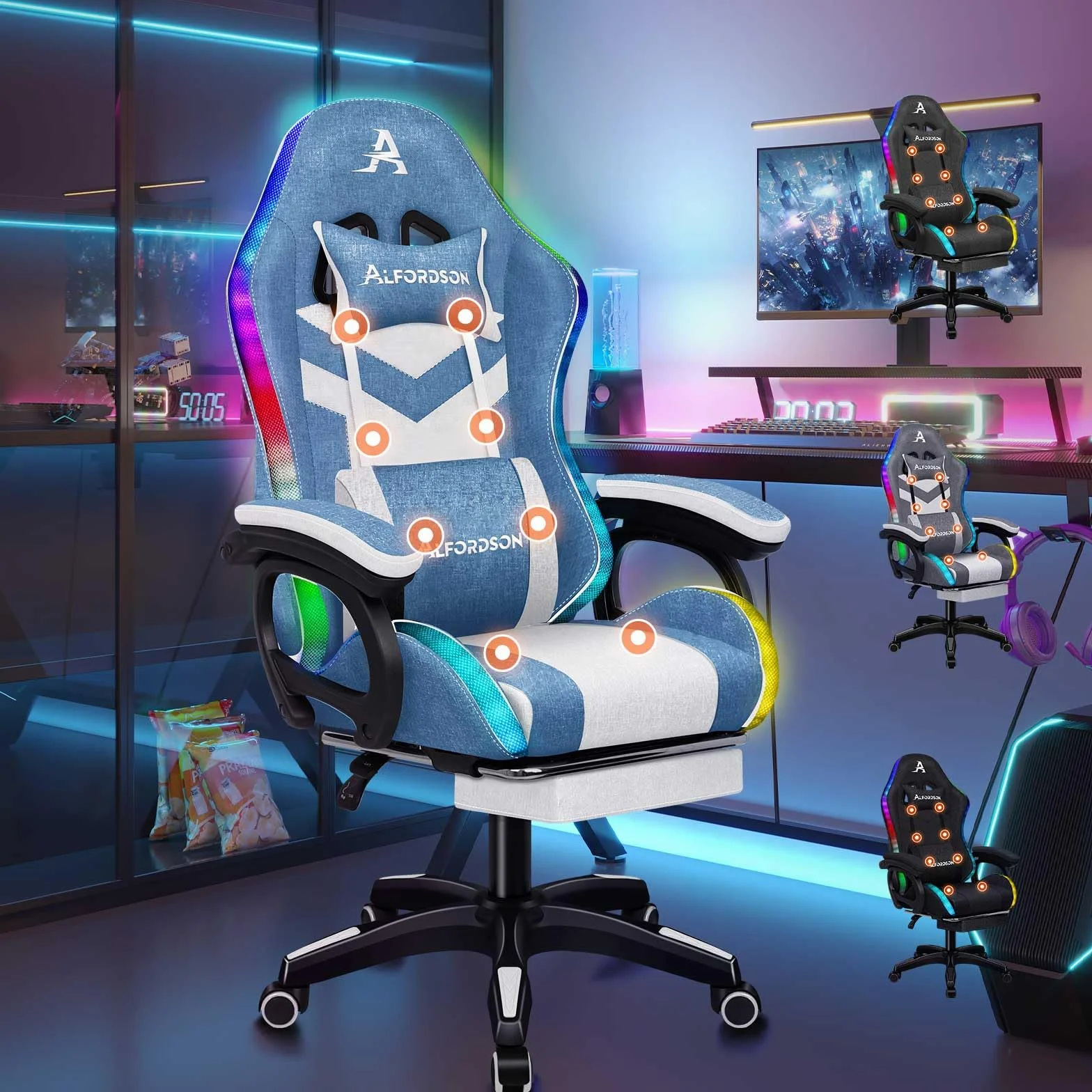 ALFORDSON Silla Gaming Ergonómica con Masaje y LED, Reposapiés Telescópico, Cojín Lumbar y Cervical, Azul y Blanca